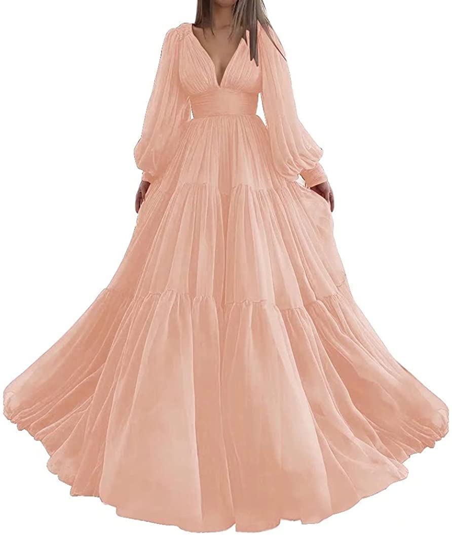 Elegant Long Puffy Sleeve Prom Dress with Tulle Ball Gown - V-Neck A-Line Formal Evening Gown for Women | Perfect for Homecoming, Wedding Guest, and Black Tie Events