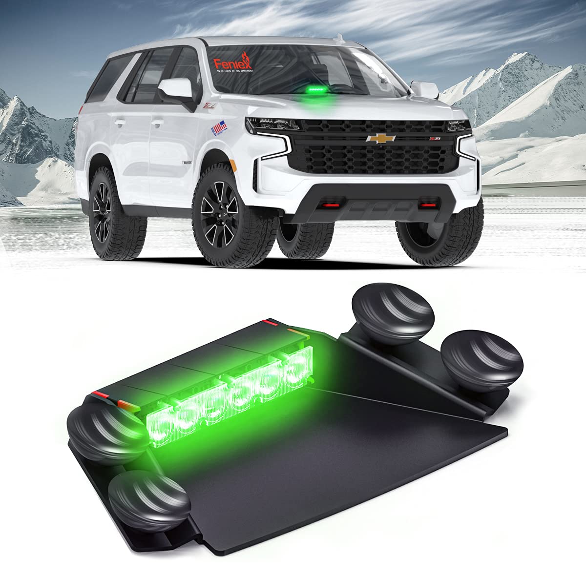 Feniex Industries Fusion-S 1X Green LED Dash Light with Controller Switch - Emergency Vehicle Strobe Light for Police, Fire Truck & Security Cars