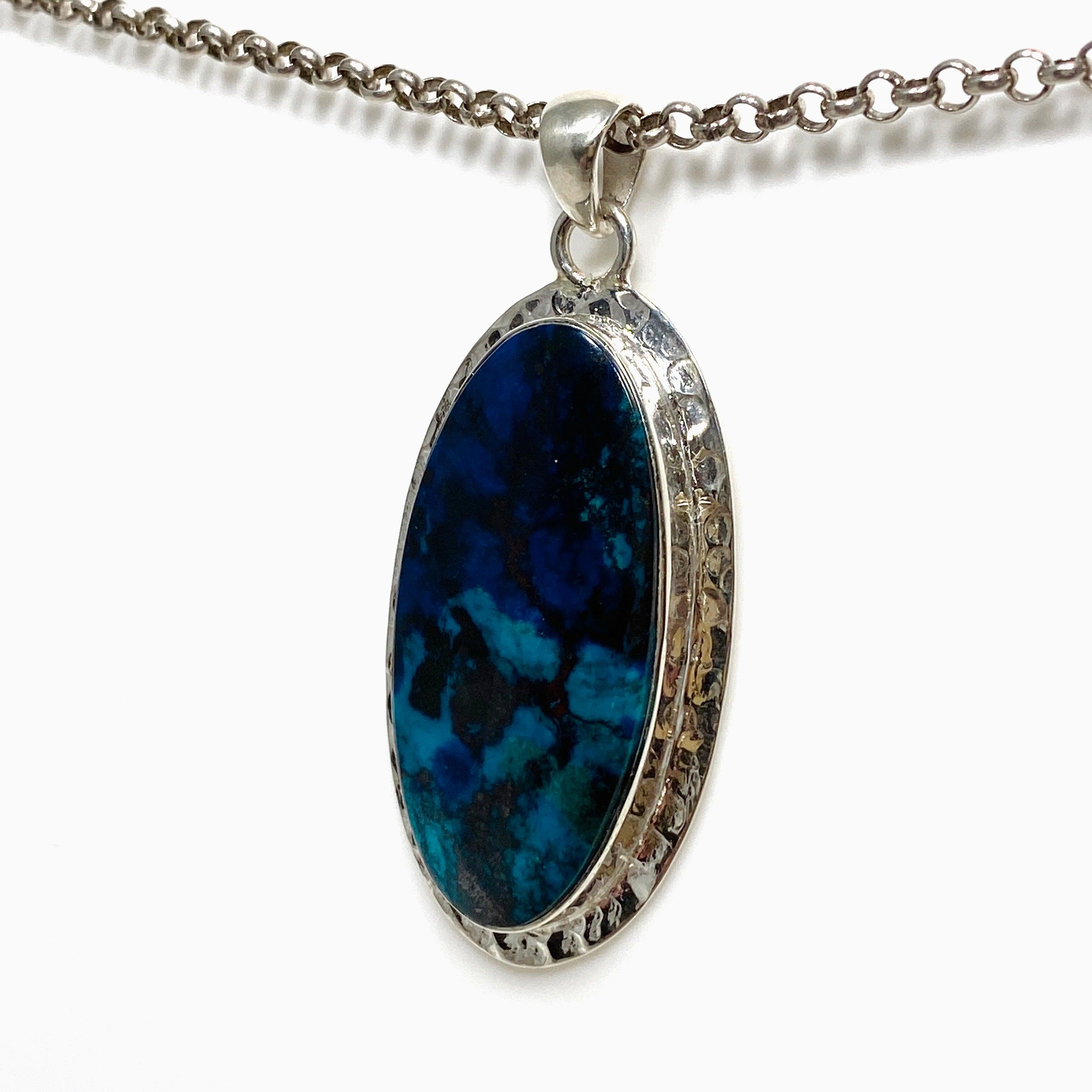 Natural Shattuckite with Cuprite Oval Pendant Necklace - Handcrafted Hammered Silver Jewelry KPGJ4417 | Healing Crystal Gift for Meditation & Spiritual Energy