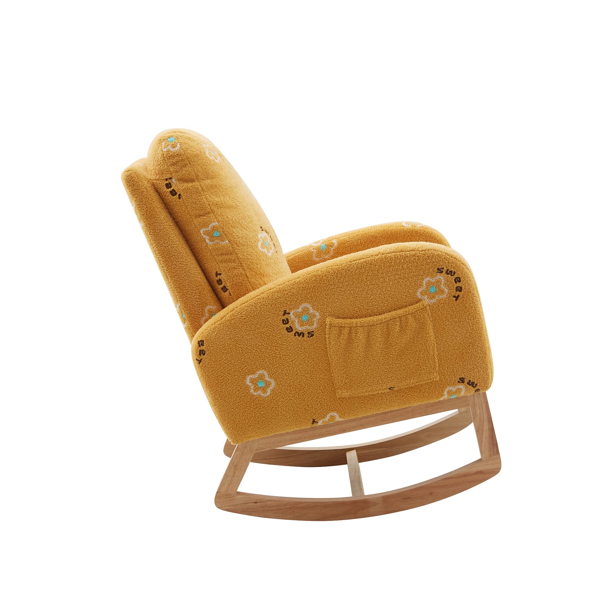 Modern Solid Wood Upholstered Nursery Rocking Chair - Mid Century High Back Glider Rocker with Side Pocket for Living Room, Nursery & Bedroom - Comfortable Mustard Yellow Accent Chair for Relaxing, Nursing & Reading