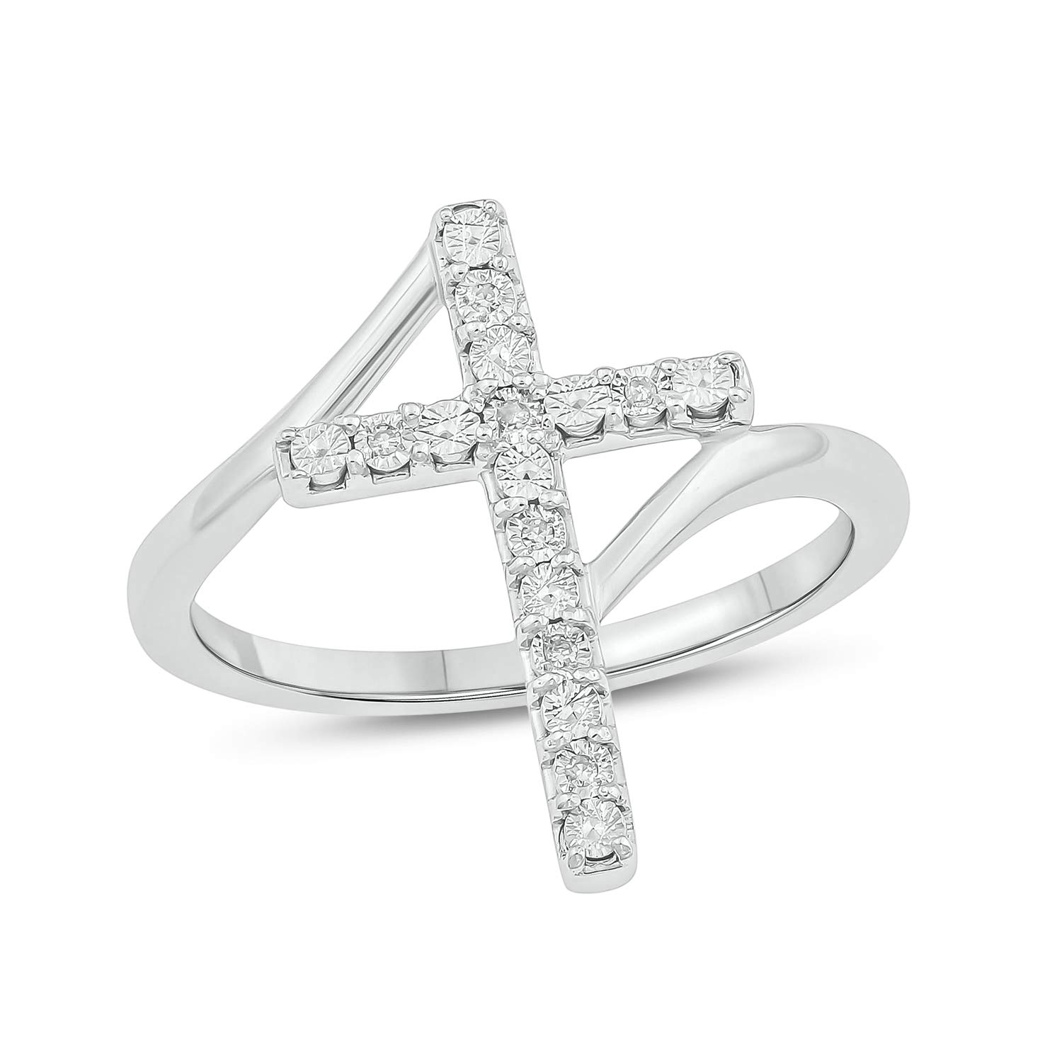 1/20 CT Natural Diamond Cross Ring for Women - Gold Vermeil 925 Sterling Silver Vertical Accent Ring | Elegant Religious Jewelry Gift for Her in White, Yellow or Rose Gold | Perfect for Church, Baptism, Weddings & Special Occasions