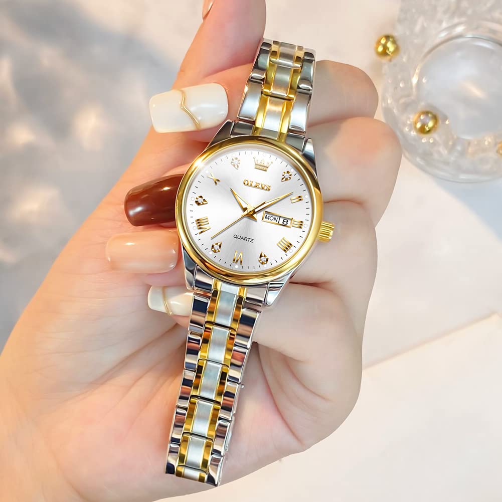 OLEVS Women's Gold Stainless Steel Waterproof Analog Quartz Watch with Date Day Display - Small Face Fashion Ladies Wristwatch in Gold, Black & White Dials | Perfect for Office, Party & Everyday Wear