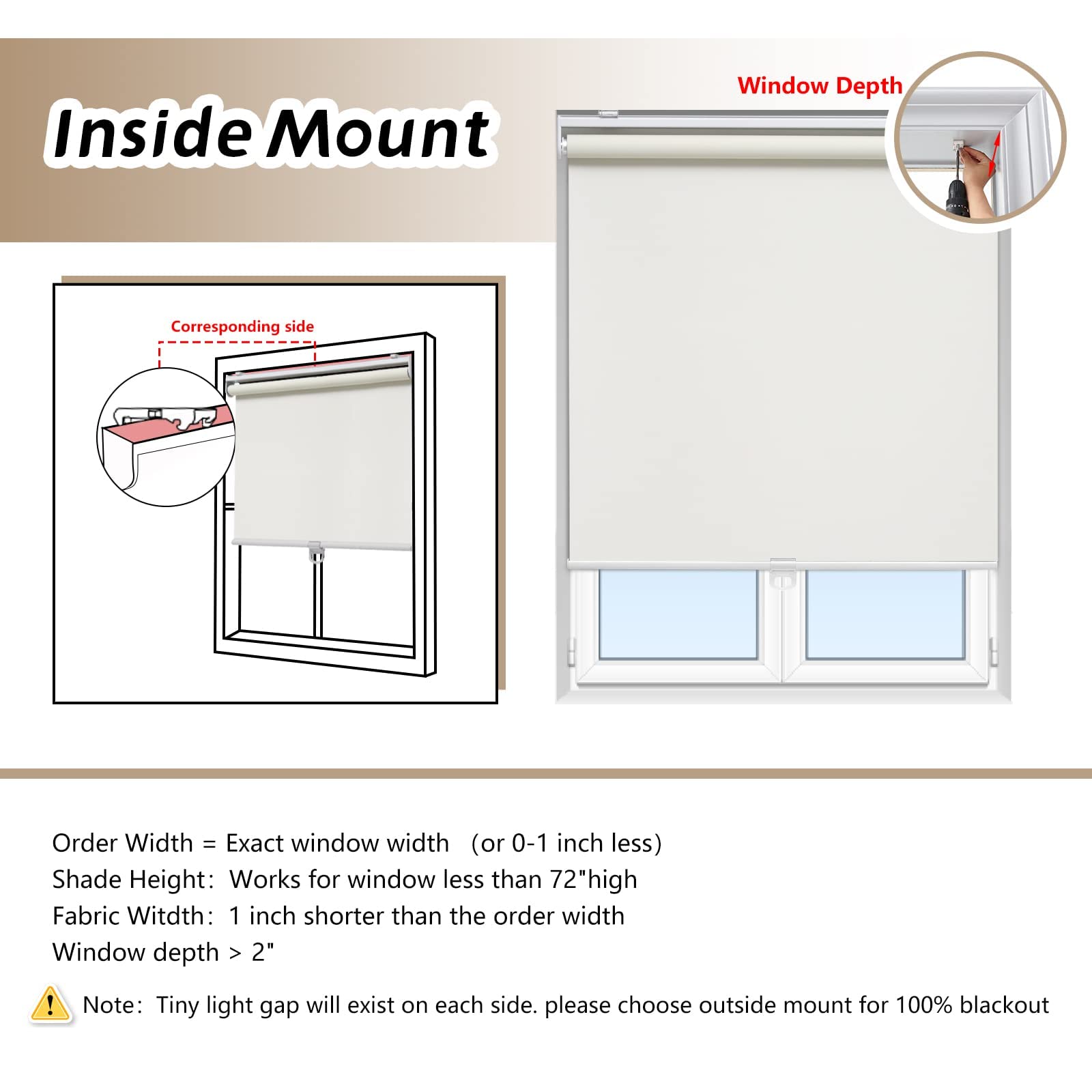 AOSKY Cordless Blackout Roller Shades for Windows - Thermal Insulated Room Darkening Window Blinds, Easy to Install, W25 x L72, Ivory White - Perfect for Bedroom, Home Office, Bathroom & Nursery
