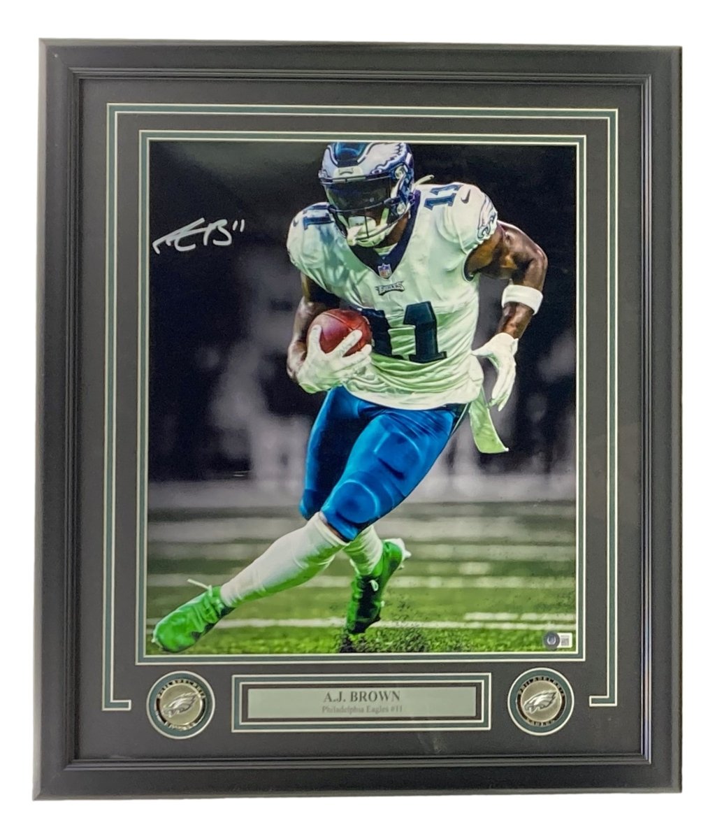AJ Brown Autographed Framed 16x20 Philadelphia Eagles Spotlight Photo with Certificate of Authenticity - Perfect for Sports Memorabilia Collectors and Eagles Fans Display