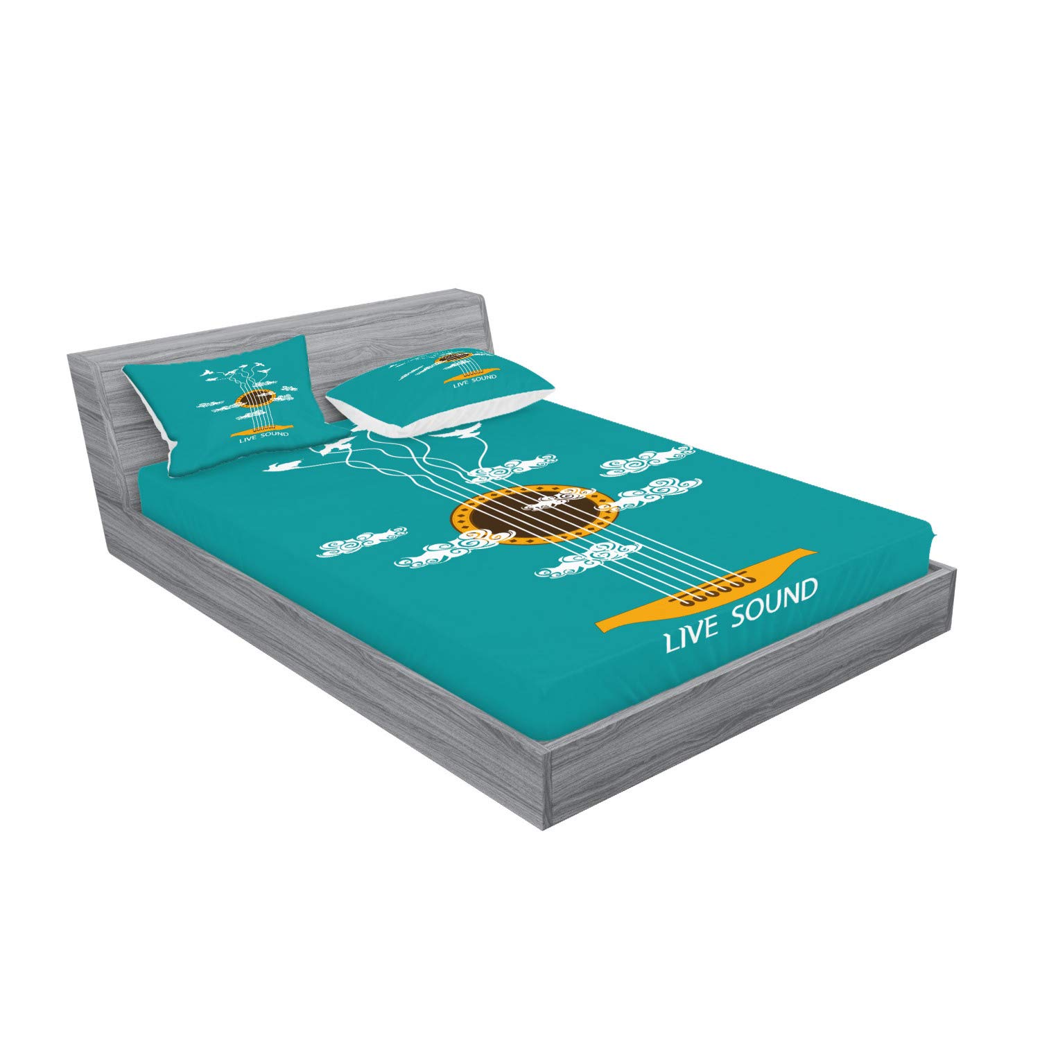 Ambesonne Guitar Themed 3-Piece Bedding Set - King Size Fitted Sheet & Pillow Shams, Abstract Music Design with Birds on Strings & Clouds, Turquoise Marigold White | Perfect for Musicians' Bedrooms, Music Studio Decor, or Unique Gift for Guitar Lovers