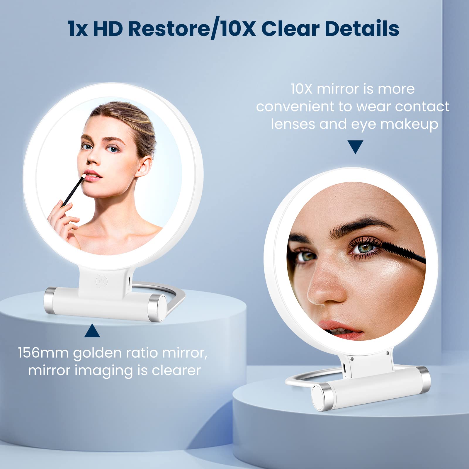Aidodo LED Makeup Mirror - 10X/1X Magnification, USB Rechargeable & Touch Control for Home & Travel
