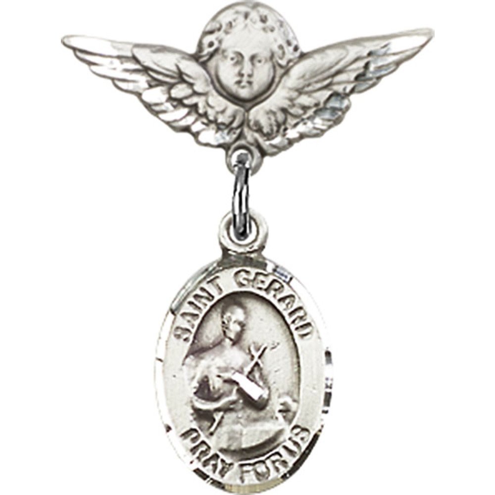Sterling Silver Baby Badge with St. Gerard Charm & Angel Wing Pin - 7/8
