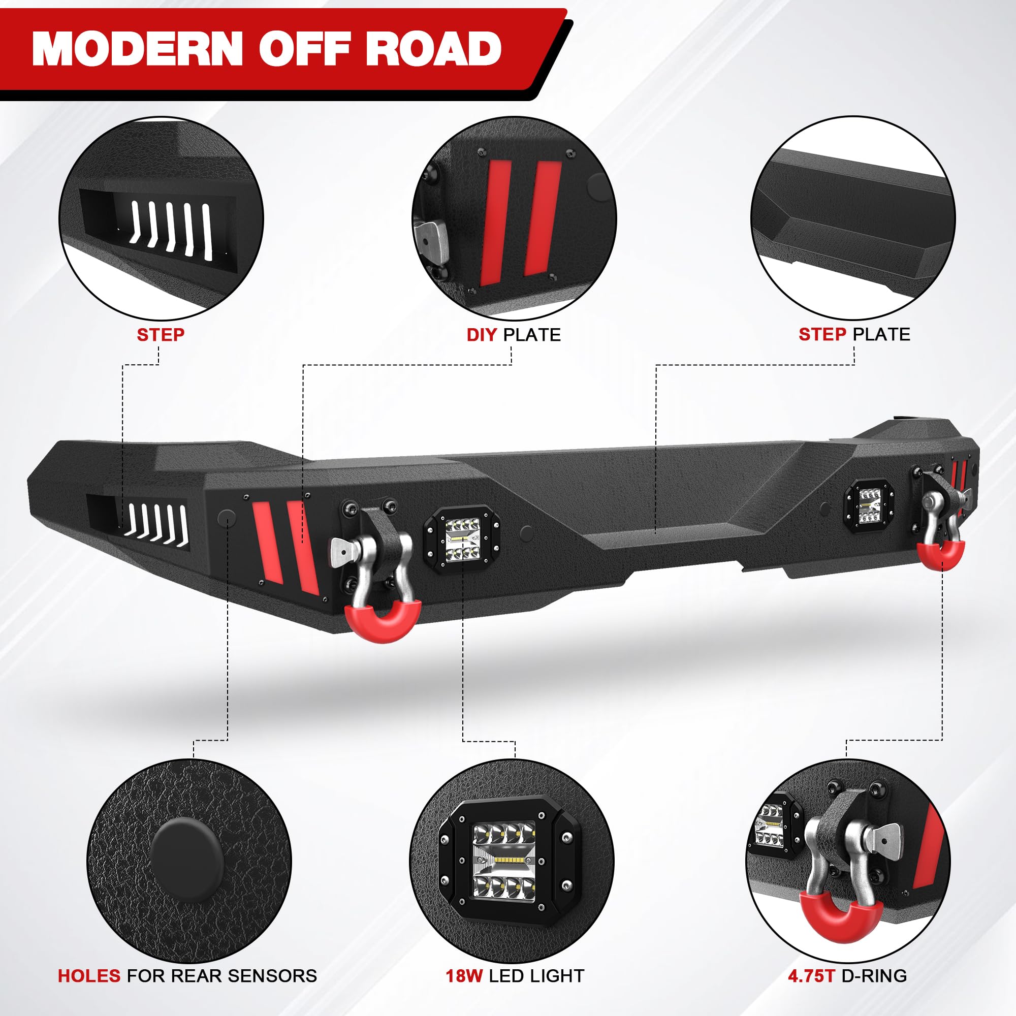 Heavy Duty Textured Black Rear Bumper with Step Plate & D-Rings for 2021-2024 Ford Bronco (Excluding Sport/Raptor) | Off-Road Truck Accessory for Adventure & Towing