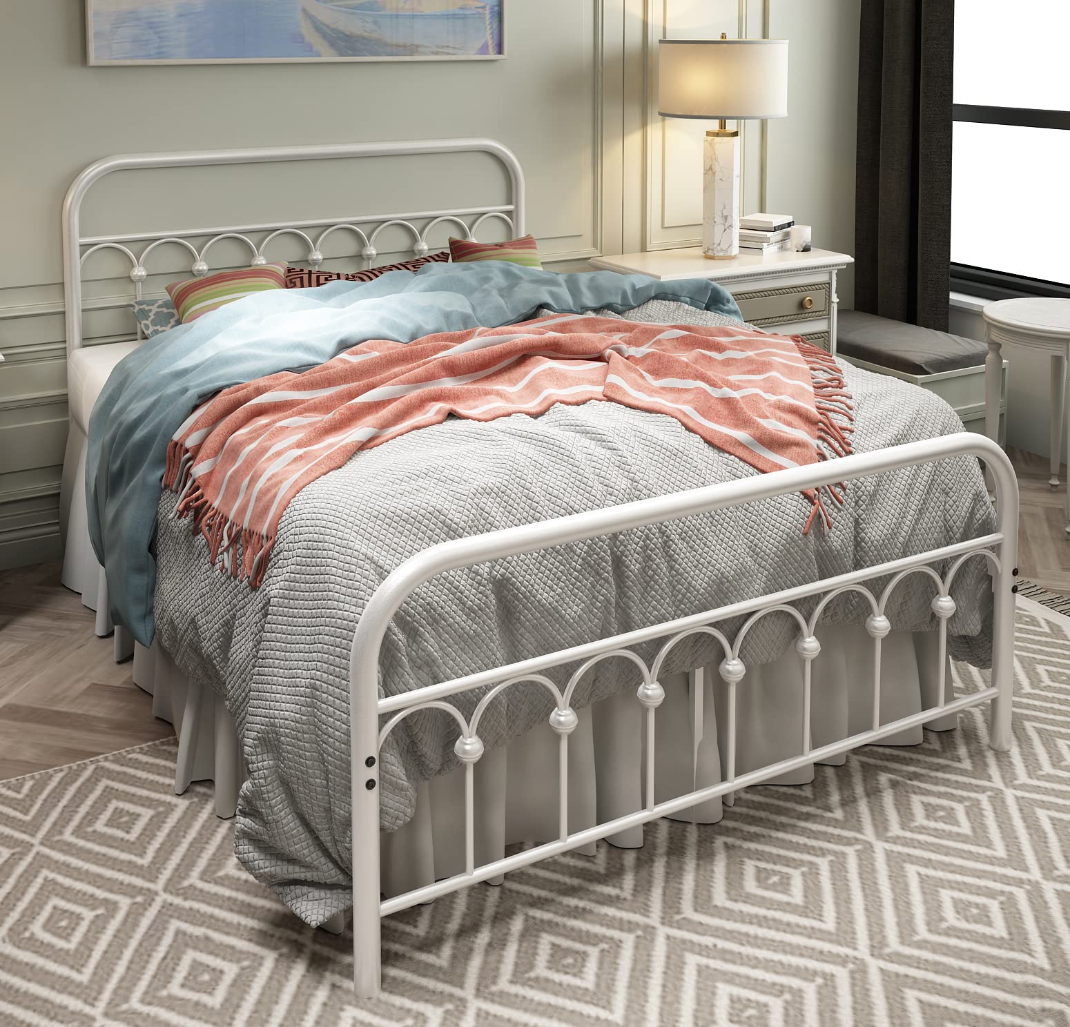 Vintage Wrought Iron Full Size Metal Bed Frame with Headboard & Footboard - Sturdy Platform Base for Bedroom, Guest Room, Dorm - White (Full Size)