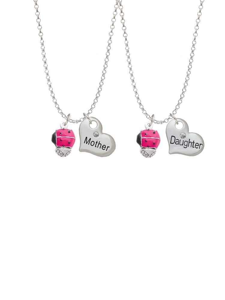 Delight Jewelry Enamel Ladybug Spinner Necklace Set - Mother & Daughter Heart Pendants (2-Piece, 19