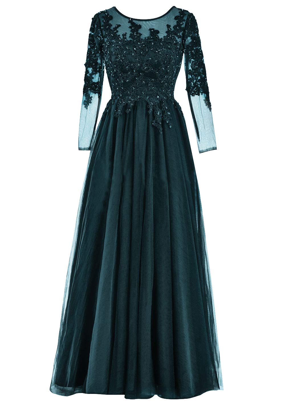 Elegant Long Sleeve Lace Mother of The Bride Dress with Beaded Tulle Detail - Formal Evening Gown for Weddings, Receptions & Special Occasions