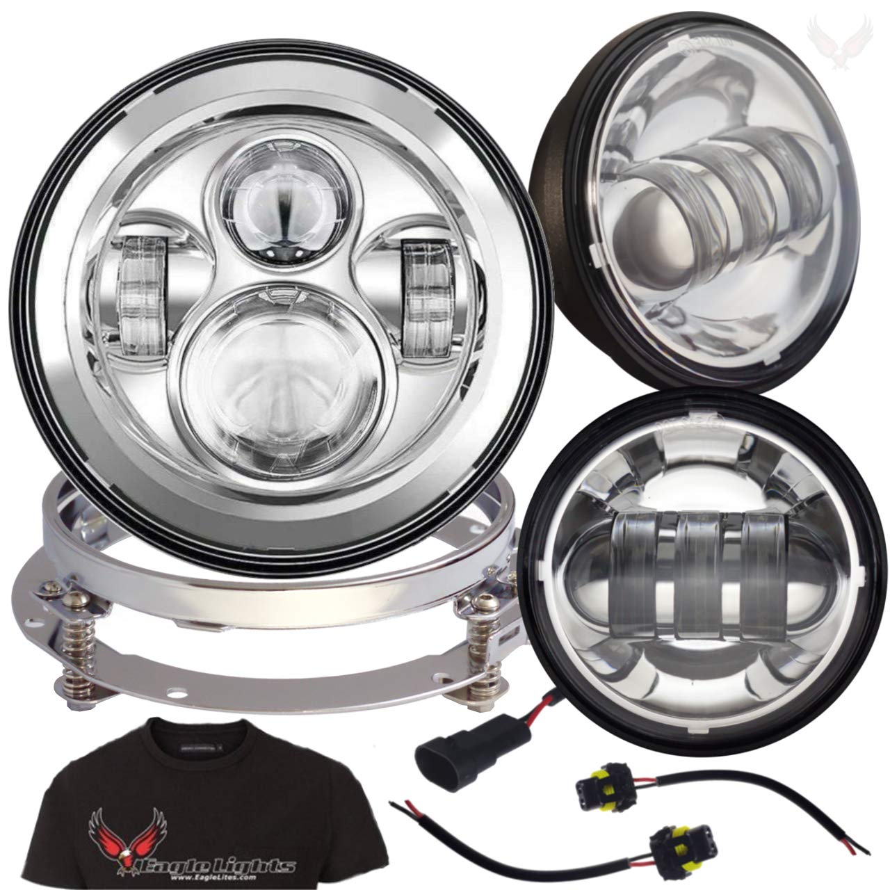 Eagle Lights 8700CPKR 7-Inch LED Headlight with Spot/Passing Light Kit for Harley Davidson & Indian Motorcycles - Gen I Chrome Kit w/Adapter Ring | High-Visibility Motorcycle Lighting for Night Riding & Safety