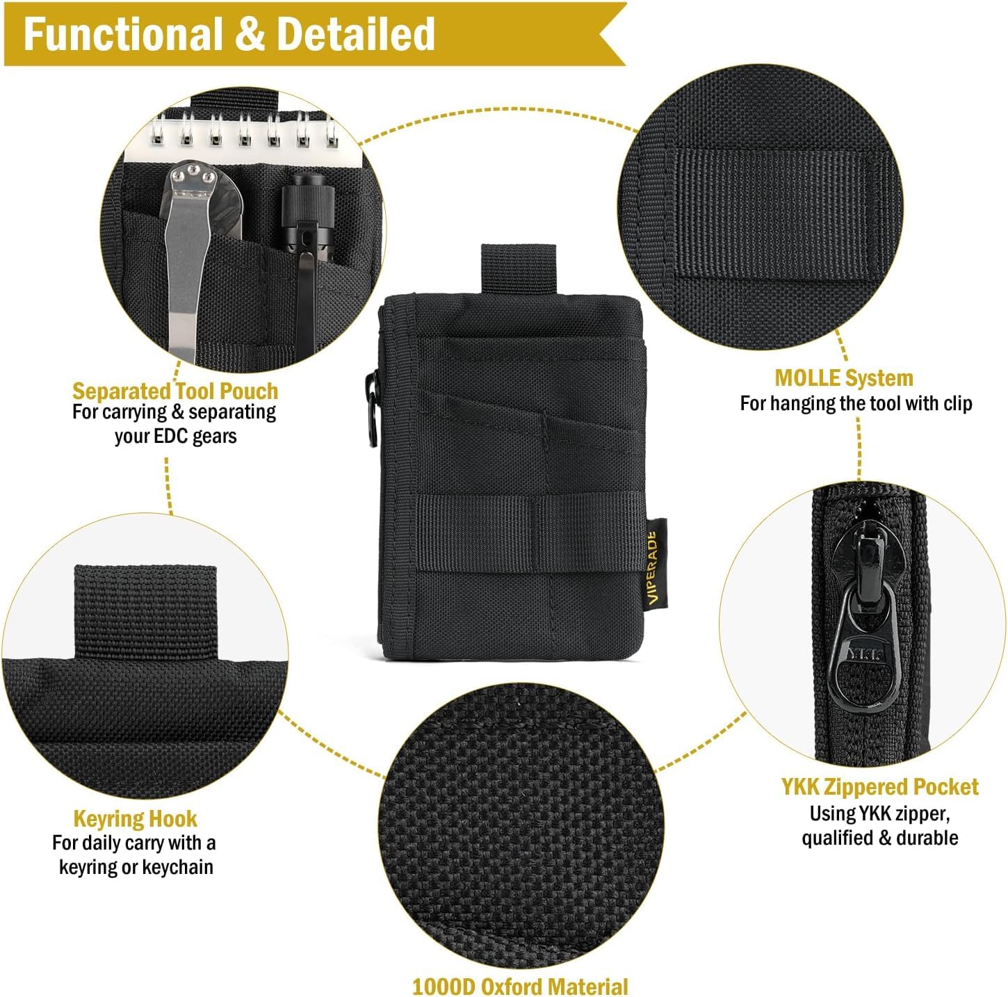 VIPERADE VE28 6-in-1 Mini EDC Pouch Organizer with 6 Pockets - Compact Multitool Keychain Wallet for Men - Perfect for Everyday Carry, Travel, Hiking & Backpack Accessories