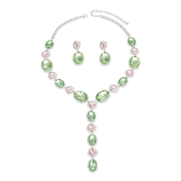 Elegant Pink & Green Crystal Y Necklace Set for Women - Perfect for Parties, Weddings & Everyday Wear