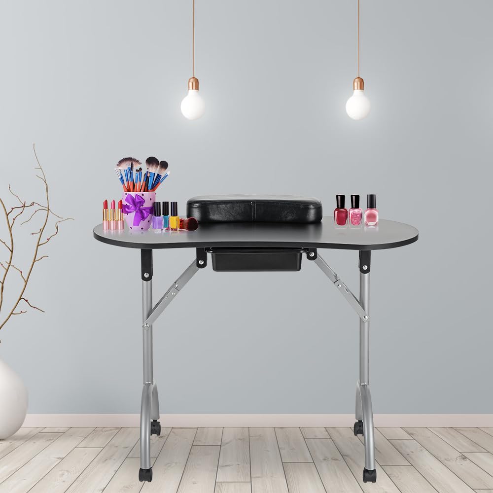 LEIBOU Professional 36 Inch Portable Foldable Manicure Table - Nail Technician Desk with Wheels, Drawer & Carrying Bag - Perfect for Salon, Spa & Home Use (Black)