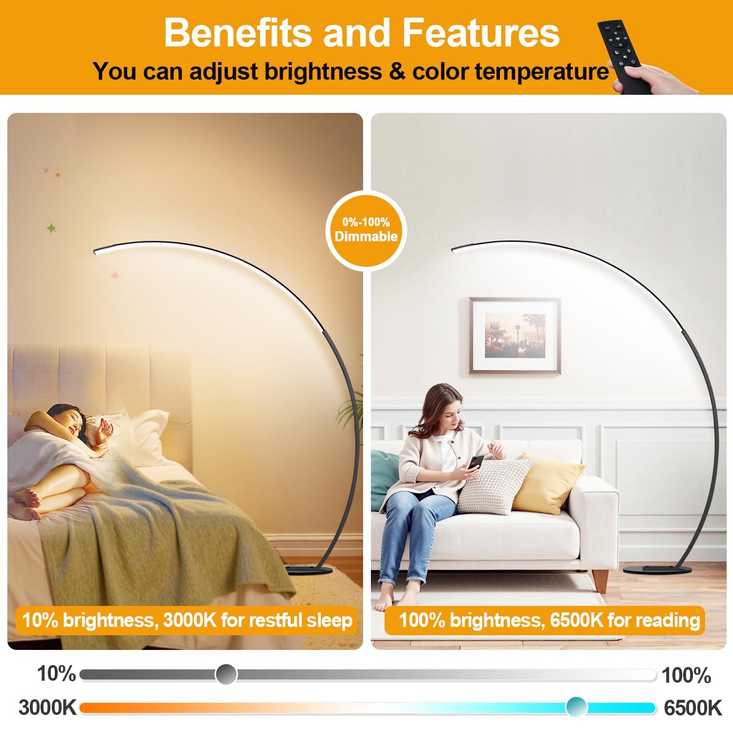 Dimmable LED Floor Lamp with 3 Color Temperatures - 2000LM Ultra Bright Arc Standing Lamp with Remote Control for Living Room, Bedroom, Office & Classroom | Modern Reading Light & Ambient Lighting