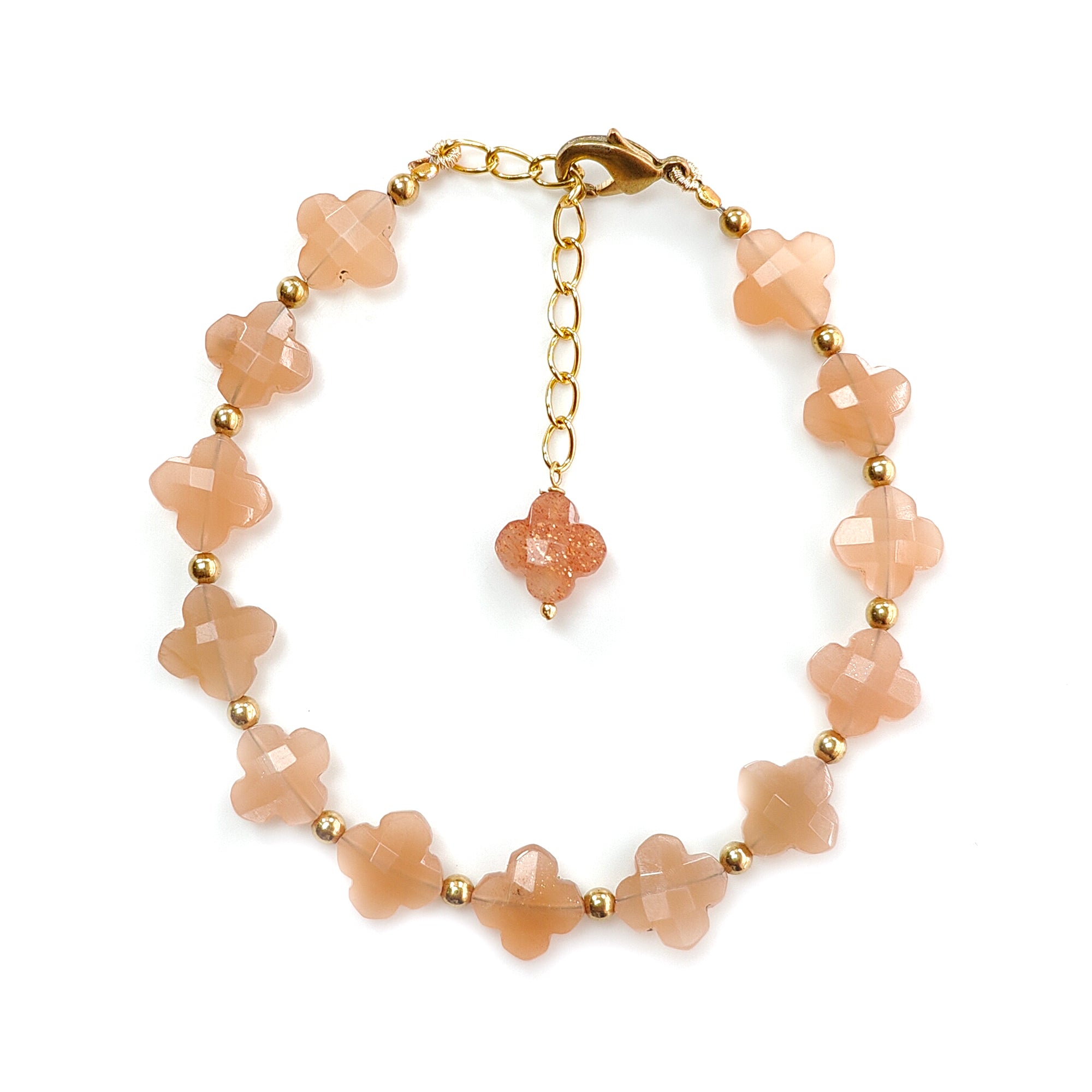Natural Peach Moonstone Beaded Bracelet - 43.55cts Untreated Faceted Checker Cut Moonstone with Brass Accents (9mm, 6.5+2 Inch) | Elegant Jewelry for Women, Boho Chic Accessory, Gift for Her, Yoga & Meditation Bracelet