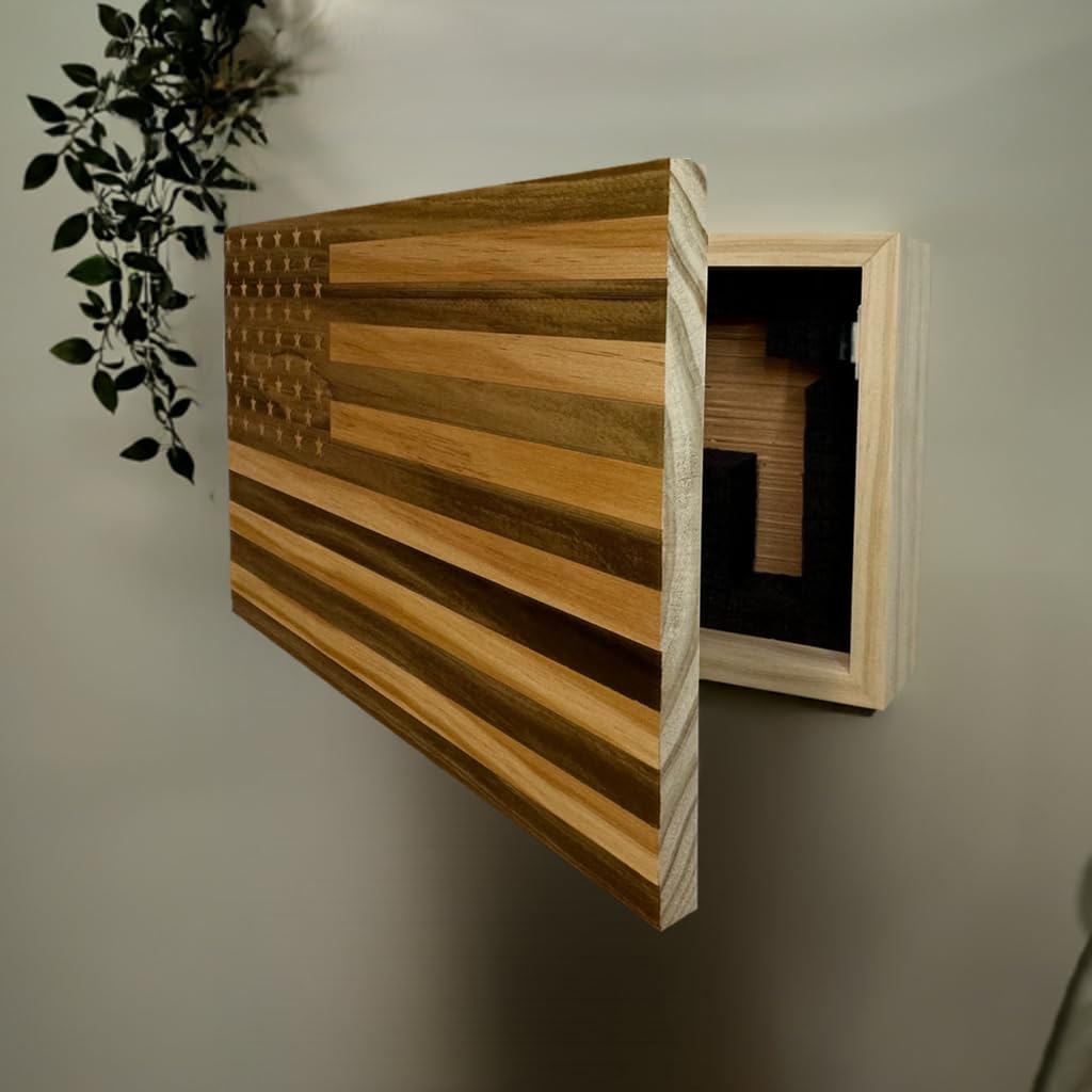 American Flag Concealed Gun Cabinet - Hidden Gun Storage Safe with Patriotic Design (Natural Wood Finish) | Perfect for Home Security & Firearm Protection