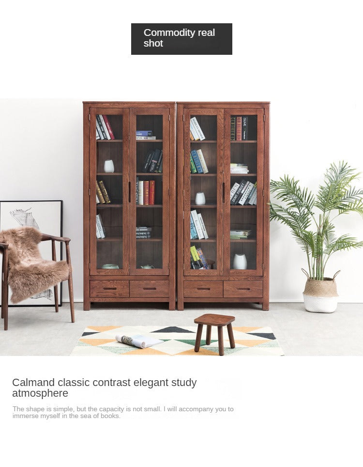 Oak Solid Wood Nordic Bookcase with Glass Door - Modern Bookshelf for Living Room, Office & Study - Perfect for Home Decor & Storage