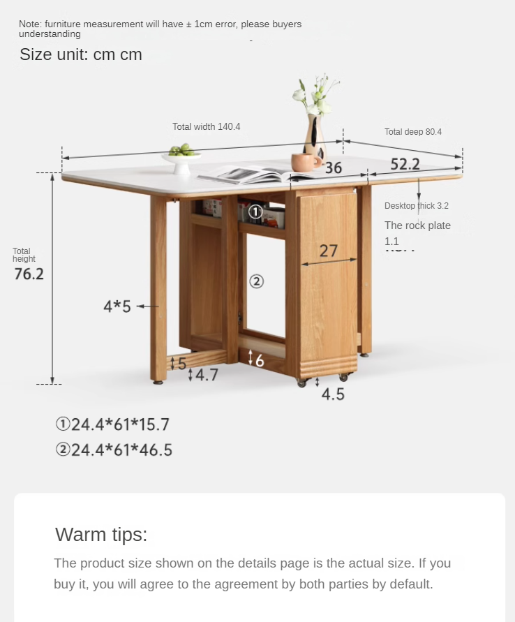 Solid Oak Wood Modern Rock Slab Folding Dining Table - Extendable Space-Saving Design for Small Apartments, Kitchens & Outdoor Dining