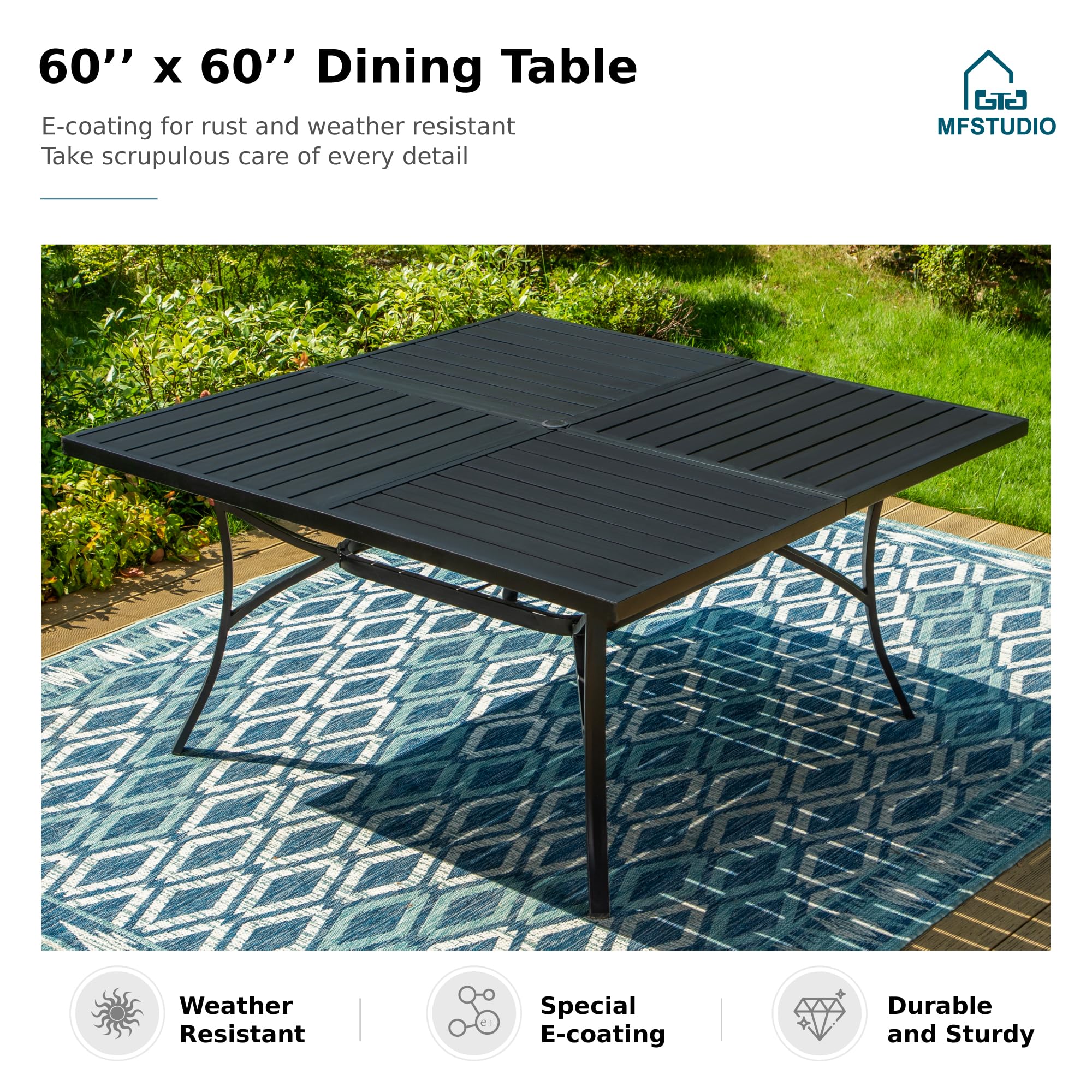MFSTUDIO 60 Inch Square Metal Outdoor Dining Table - Large 8 Person Patio Table with Adjustable Umbrella Hole - Perfect for Deck, Backyard, Lawn, Garden, Poolside & Outdoor Entertaining (Black)