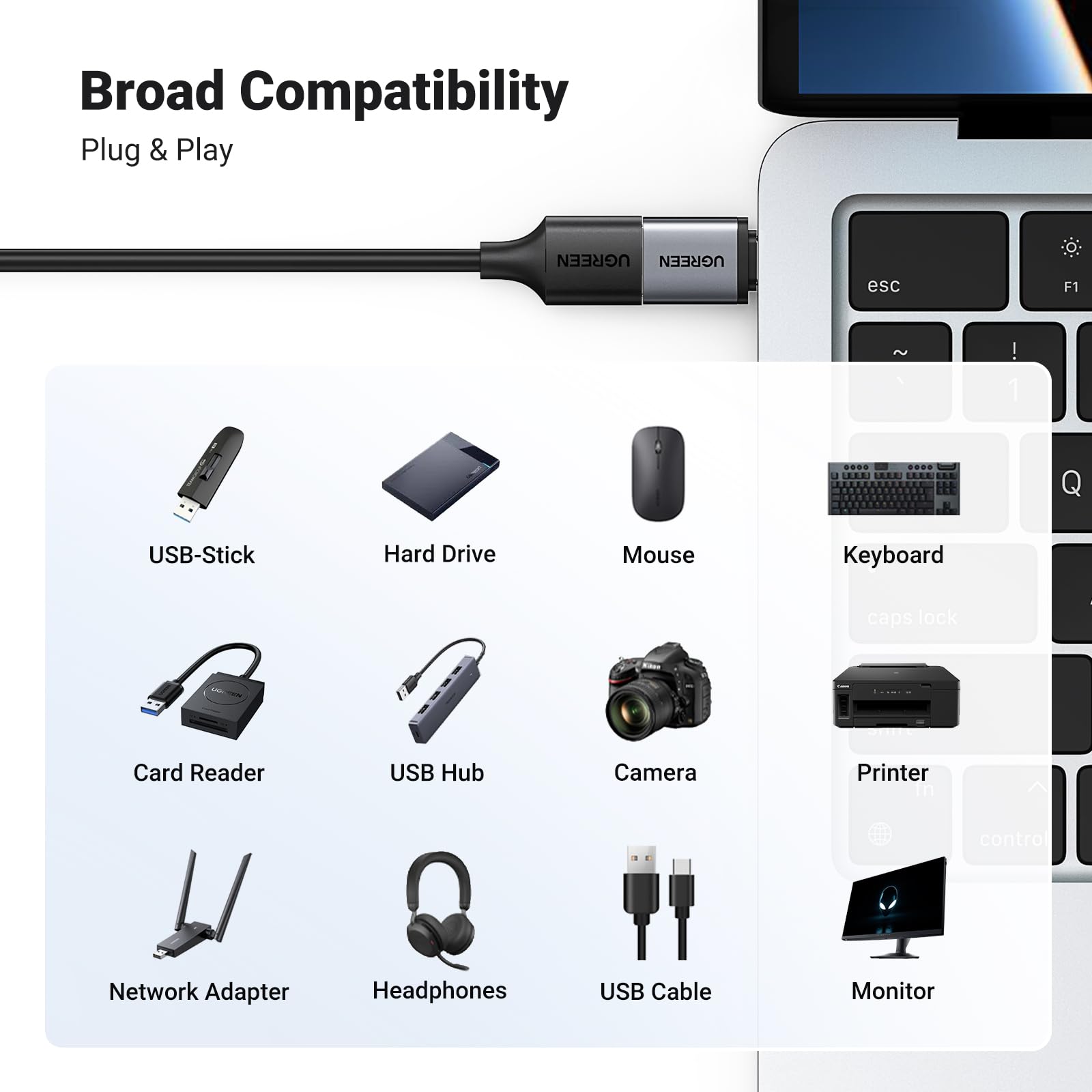 UGREEN 10Gbps USB C to USB Adapter 2 Pack - Aluminum USB 3.2 Type C Male to USB Female OTG Cable - Compatible with iPhone 15/16, MacBook Pro 2023/Air 2022, iPad Pro/Mini - Fast Data Transfer for Phones, Laptops, Tablets (Black)