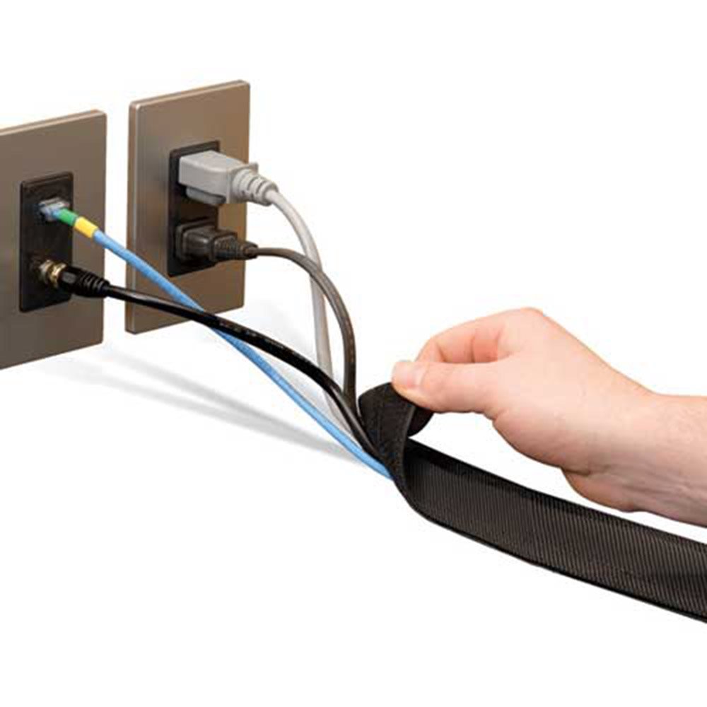 Electriduct 5-Inch Wide Dura Race Carpet Cord Cover - Heavy Duty Cable Protector with Hook & Loop Fastener - 25ft Black Wire Concealer with Yellow Safety Stripe - Ideal for Home Theater, Office, and Workshop Cable Management
