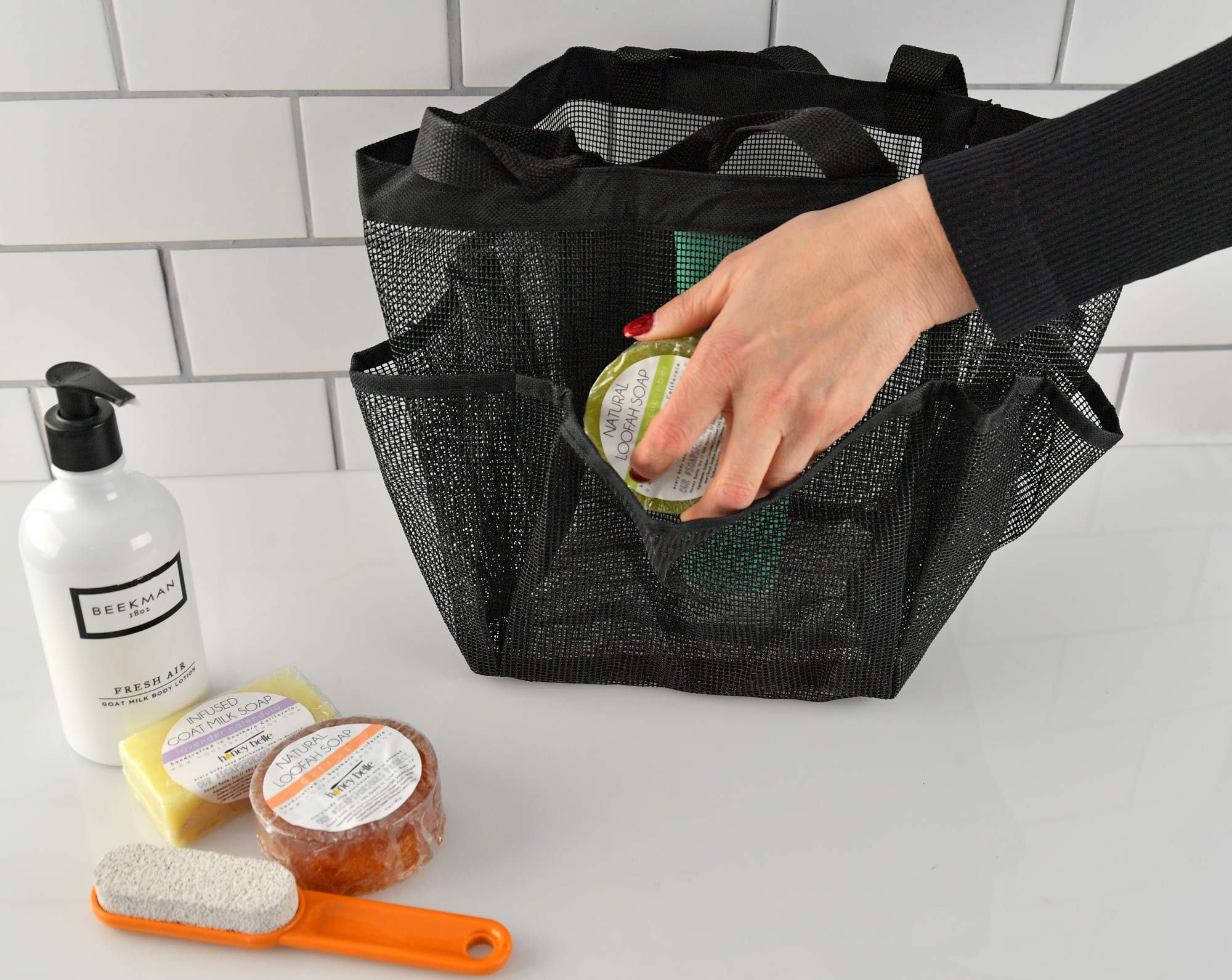 Home-X Mesh Shower Caddy Tote | Portable Bathroom Organizer Bag for Toiletries & Accessories | 14” x 11” Black | Perfect for Travel, Camping & Dorm Showers