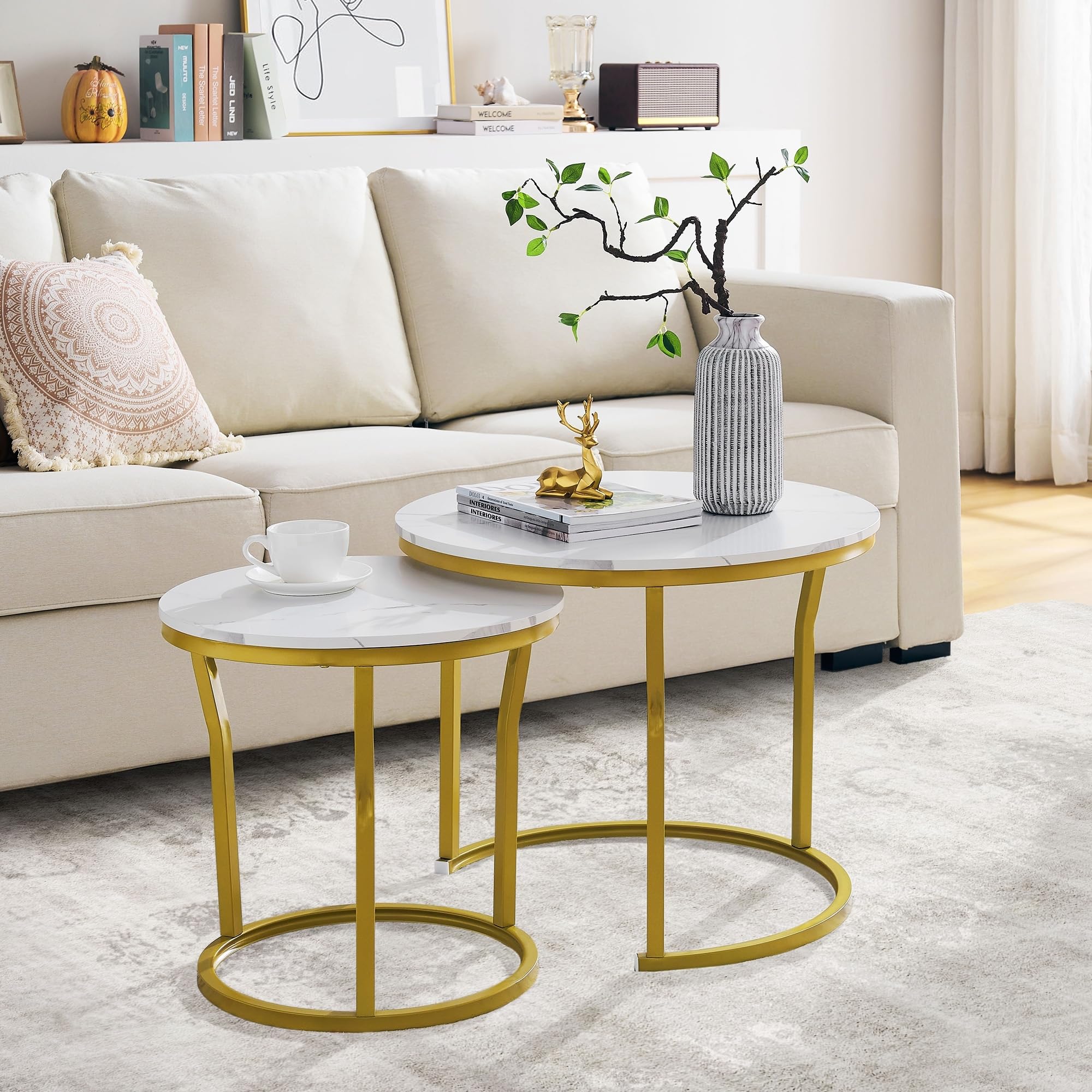 Hoctieon Round Nesting Coffee Tables Set of 2 - Wooden Table Top with Gold & White Finish - Modern Stacking End Tables for Living Room, Bedroom or Office - Perfect for Small Spaces and Stylish Home Decor