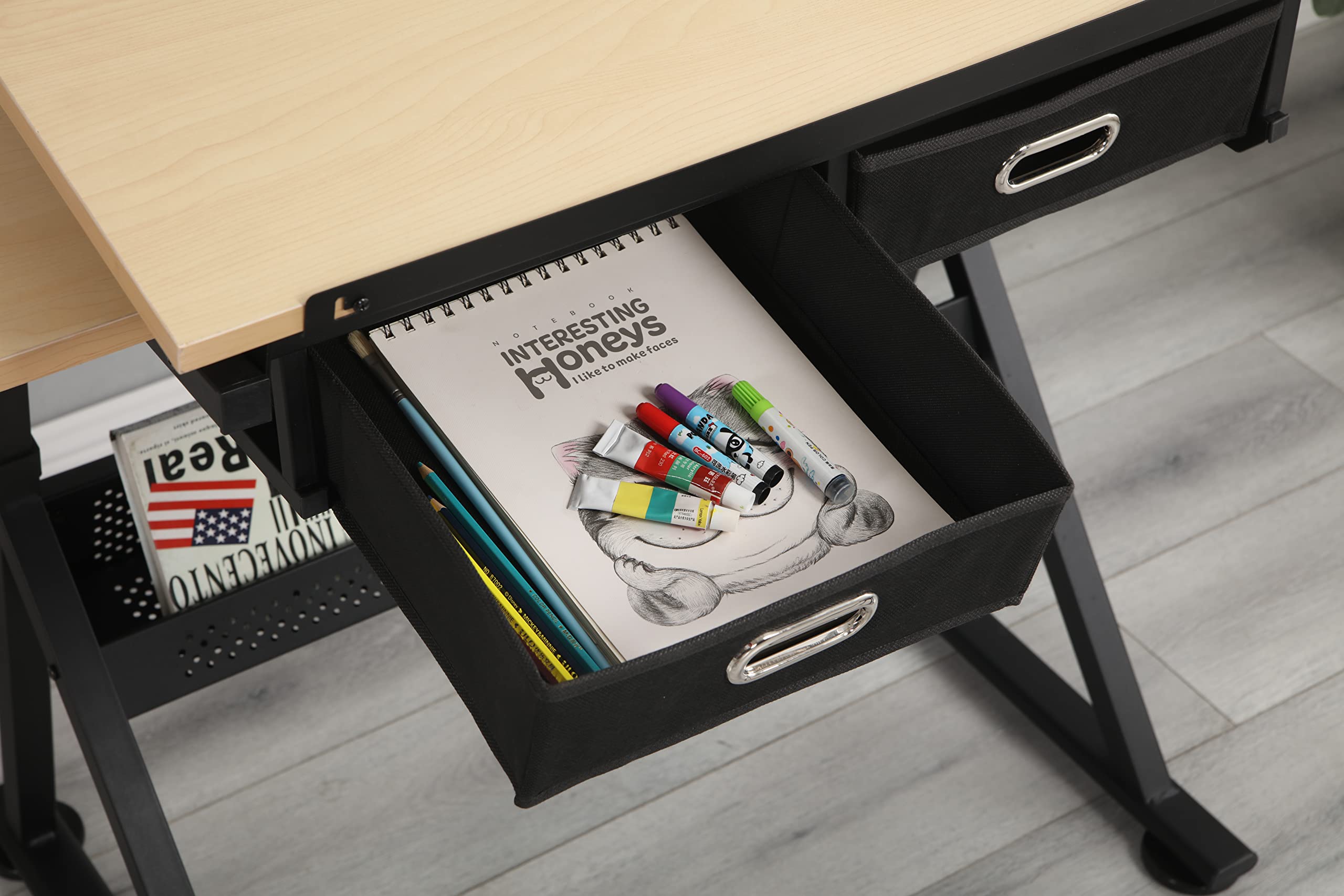 Adjustable Drawing Drafting Table with 2 Non-Woven Storage Drawers & Stool - Solid Wood & MDF Top, Metal Frame - Home Office & School Art Studio Furniture - Perfect for Artists, Architects & Students (Natural American White Oak)