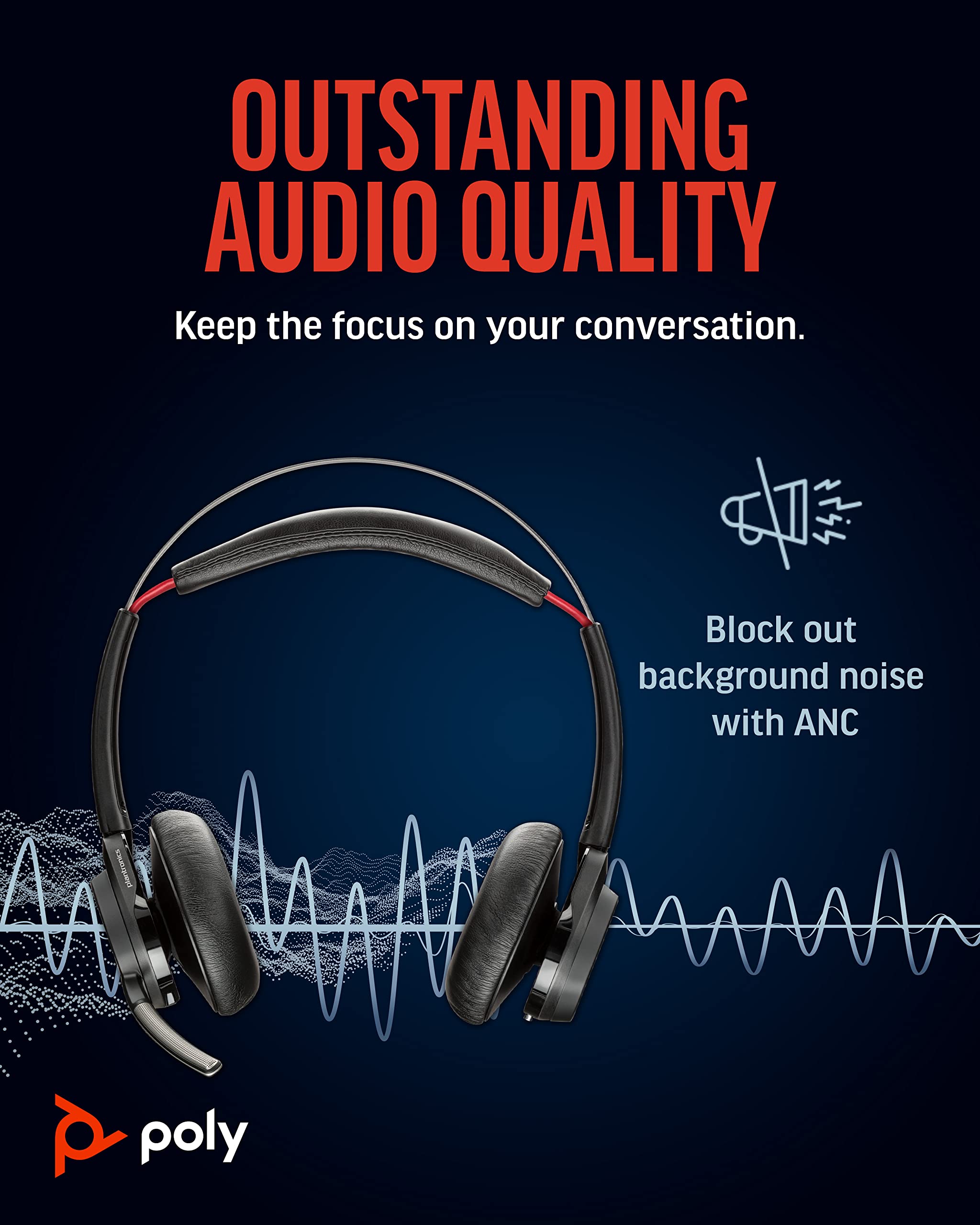 Poly Voyager Focus UC Wireless Headset with Charge Stand - Active Noise Canceling (ANC) Bluetooth Headphones for PC, Mac, Mobile - Compatible with Microsoft Teams, Zoom - Perfect for Home Office, Remote Work & Online Meetings (Amazon Exclusive)