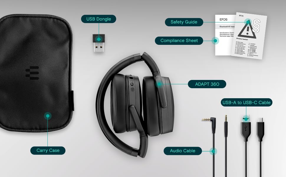 EPOS Adapt 360 Black Wireless Bluetooth Headphones with ANC - Dual-Sided Dual-Connectivity Over-Ear Headset for Mobile & Softphone | Teams Certified | Perfect for Office Calls, Gaming & Music Listening