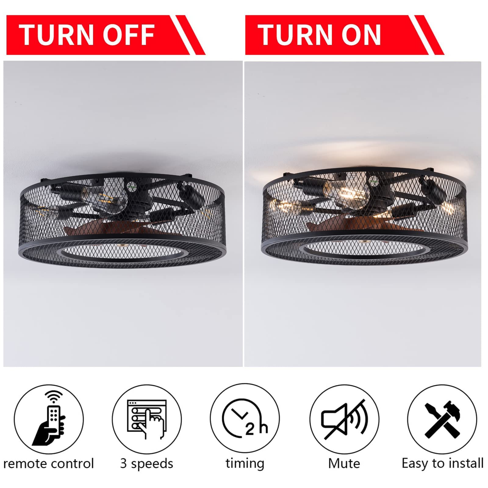 20 Inch Black Iron Caged Ceiling Fan with Light - 3 Speed Adjustable Remote Control, Low Profile Flush Mount Chandelier - Perfect for Bedroom, Dining Room, Living Room & Home Office Decor