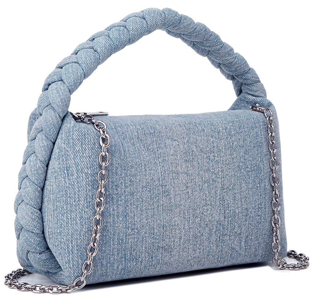 Trendy Women's Denim Clutch Handbag with Chain Strap - Stylish Jean Satchel Tote, Woven Top Handle & Crossbody Sling Bag for Casual Outings, Parties & Everyday Use