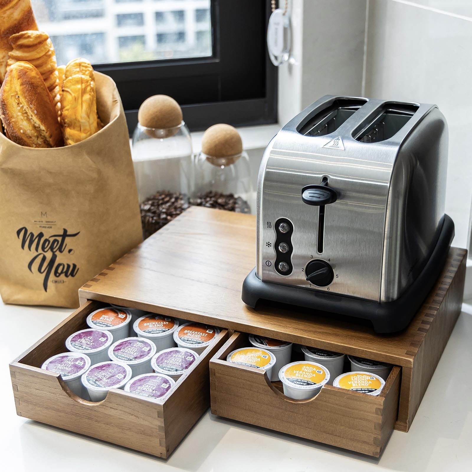 Wooden K Cup Organizer - 30 Pod Capacity Coffee Pod Storage Box & Tea Organizer Drawer for Keurig Brewer - Perfect for Kitchen Countertop, Office Breakroom, and Coffee Station Organization