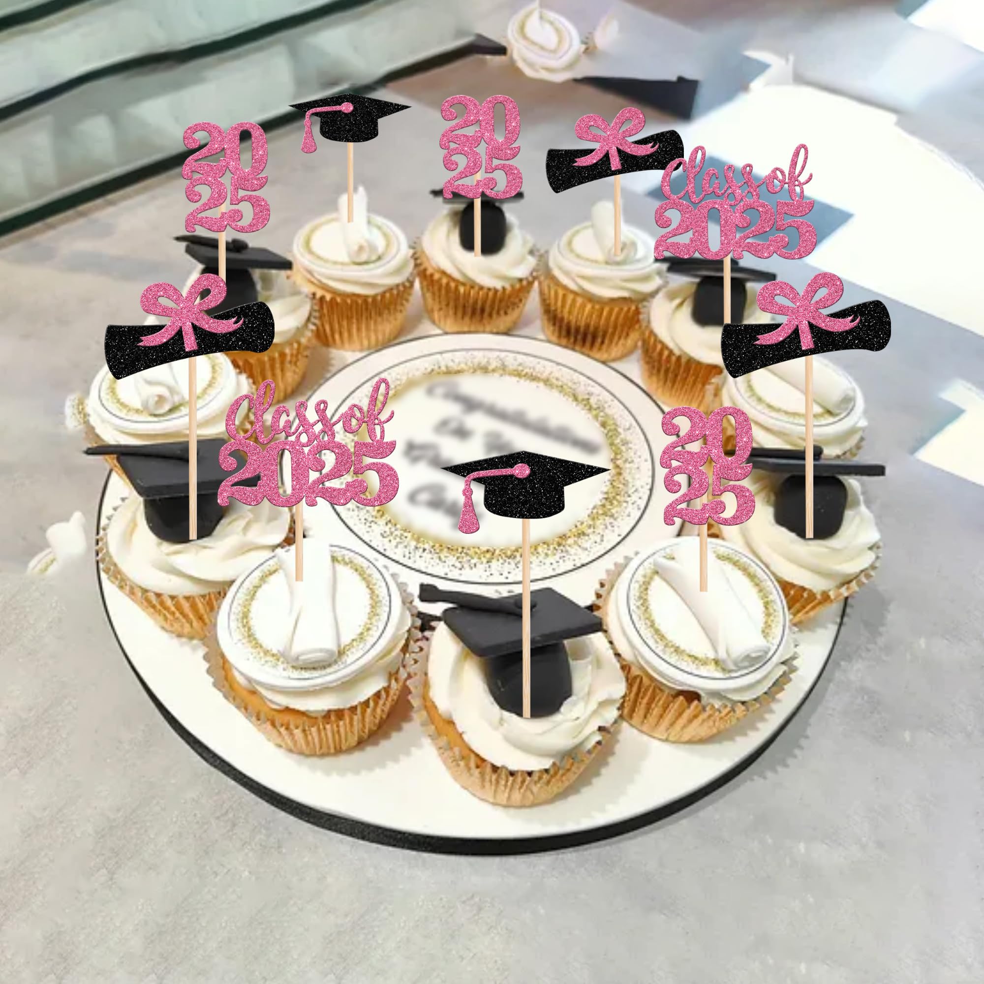 36 PCS 2025 Graduation Cupcake Toppers - Glitter Class of 2025 Diploma & Cap Cake Decorations - Pink Graduation Party Supplies for Cupcakes, Cakes & Desserts - Perfect for Graduation Ceremonies, Parties & Celebrations