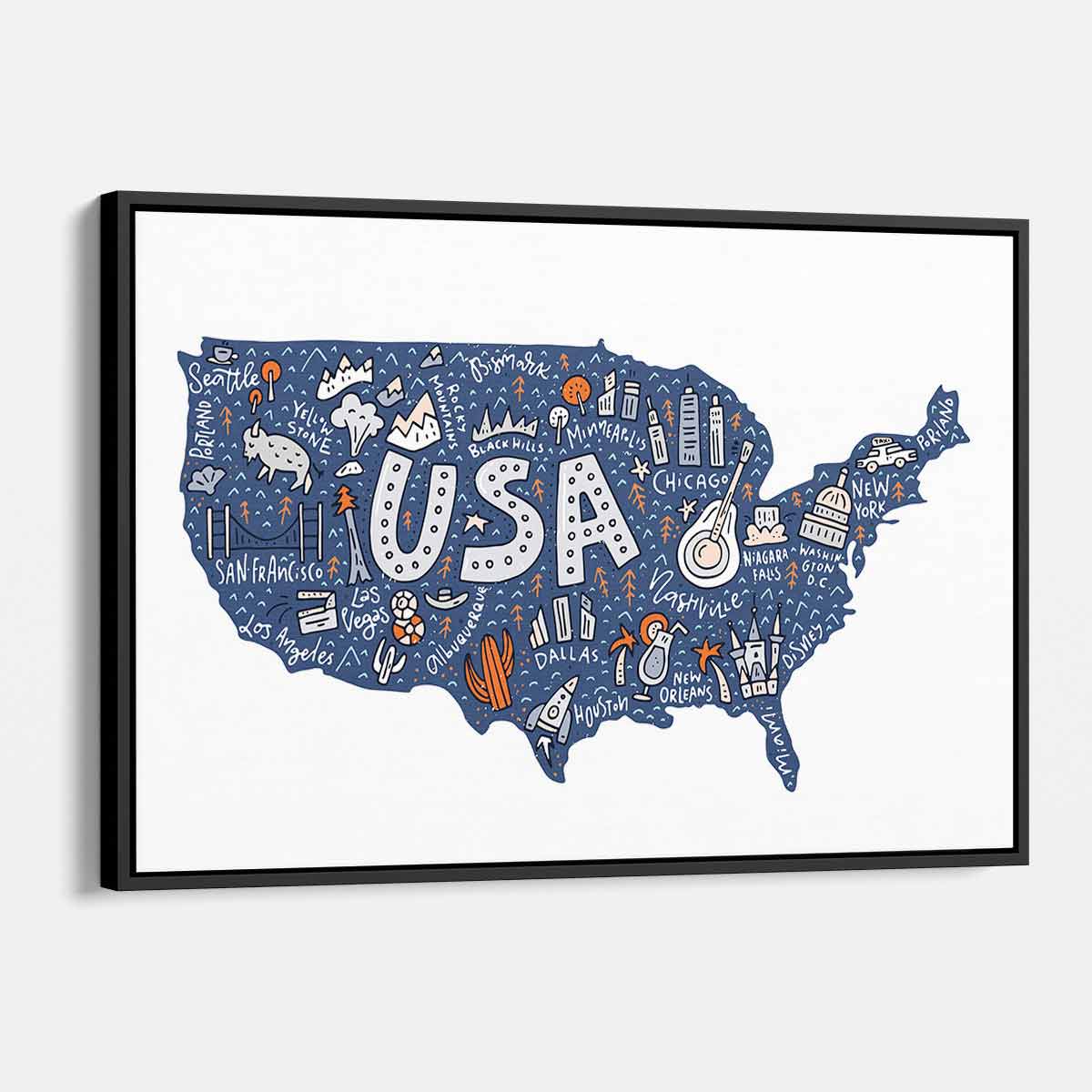 Blue USA Map Wall Art Canvas Print - 65x68 Inches - Home & Office Decor for Living Room, Bedroom, or Study