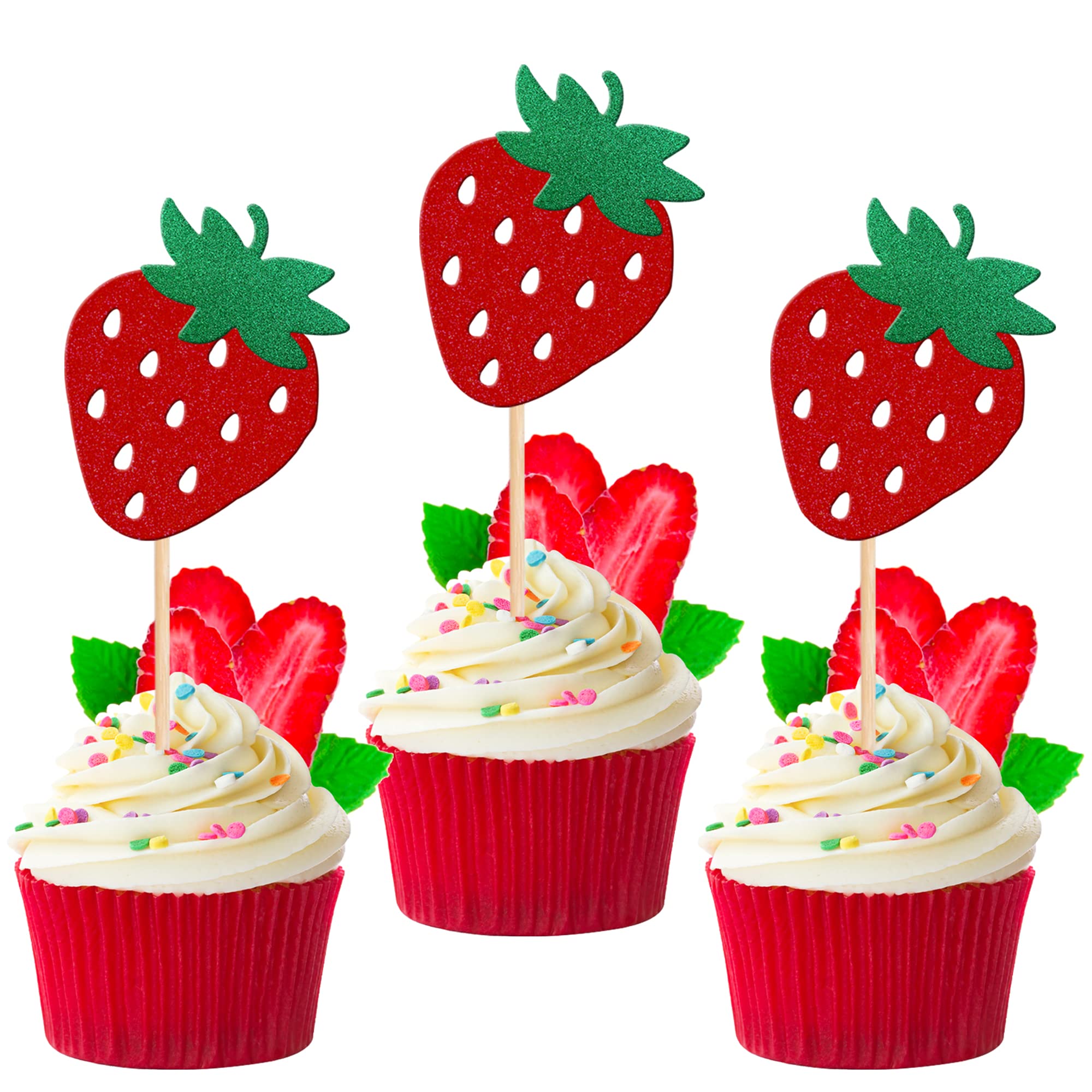 24 PCS Red Glitter Strawberry Cupcake Toppers - Fruit Theme Cake Decorations for Baby Showers, Kids Birthday Parties, Summer Desserts & Sweet Treats - Berry Picks for Baking, DIY Cake Decorating & Party Supplies