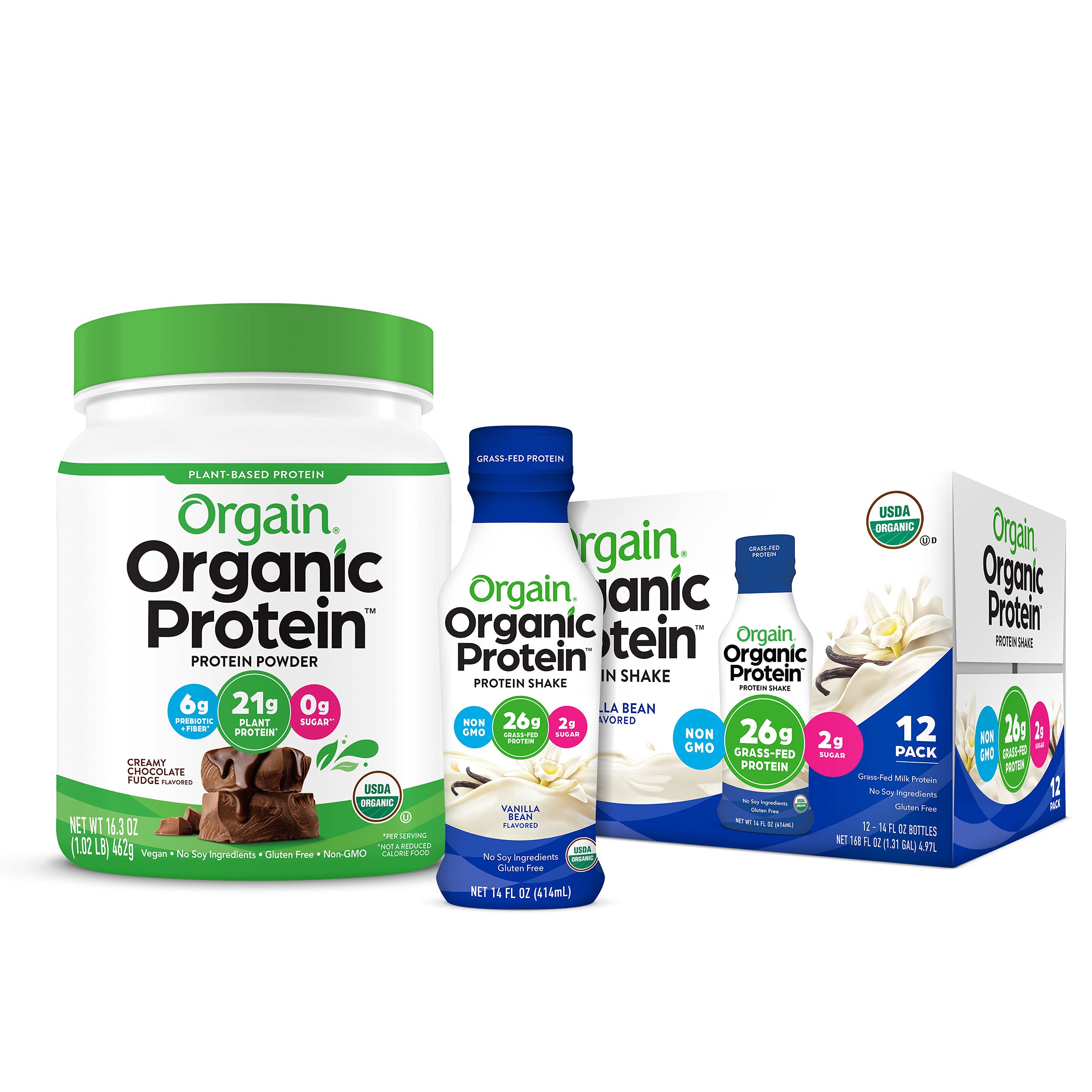 Orgain Organic Plant Based Protein Powder - Creamy Chocolate Fudge & Vanilla Bean (1.02 lb Each) | Vegan, Low Carb, Dairy-Free, Gluten-Free Protein Supplement for Smoothies, Baking & Post-Workout Recovery