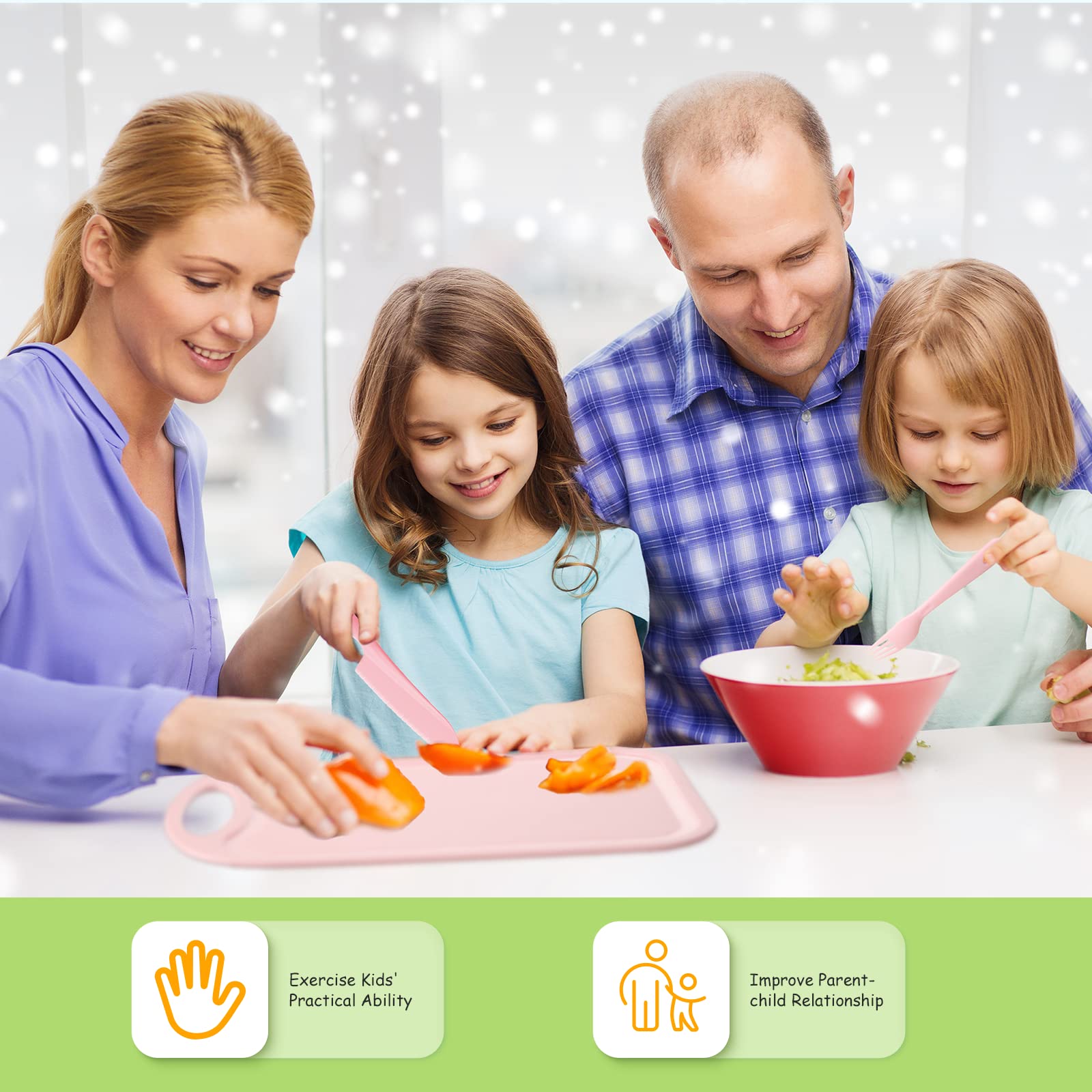 BPA-Free Kids Knife Set - Toddler Safe Cooking Utensils with Plastic Knives, Cutting Board, Plate & Fork | Real Cooking Tools for Children | Ideal for First Kitchen Experience, Montessori Learning & Family Cooking Activities (Pink)