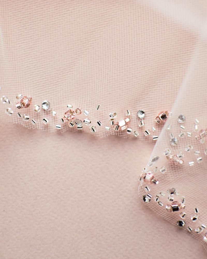 Elegant Blush Pink Beaded Wedding Veil with Pearl Accents - Perfect for Bridal Ceremonies, Photos & Special Occasions