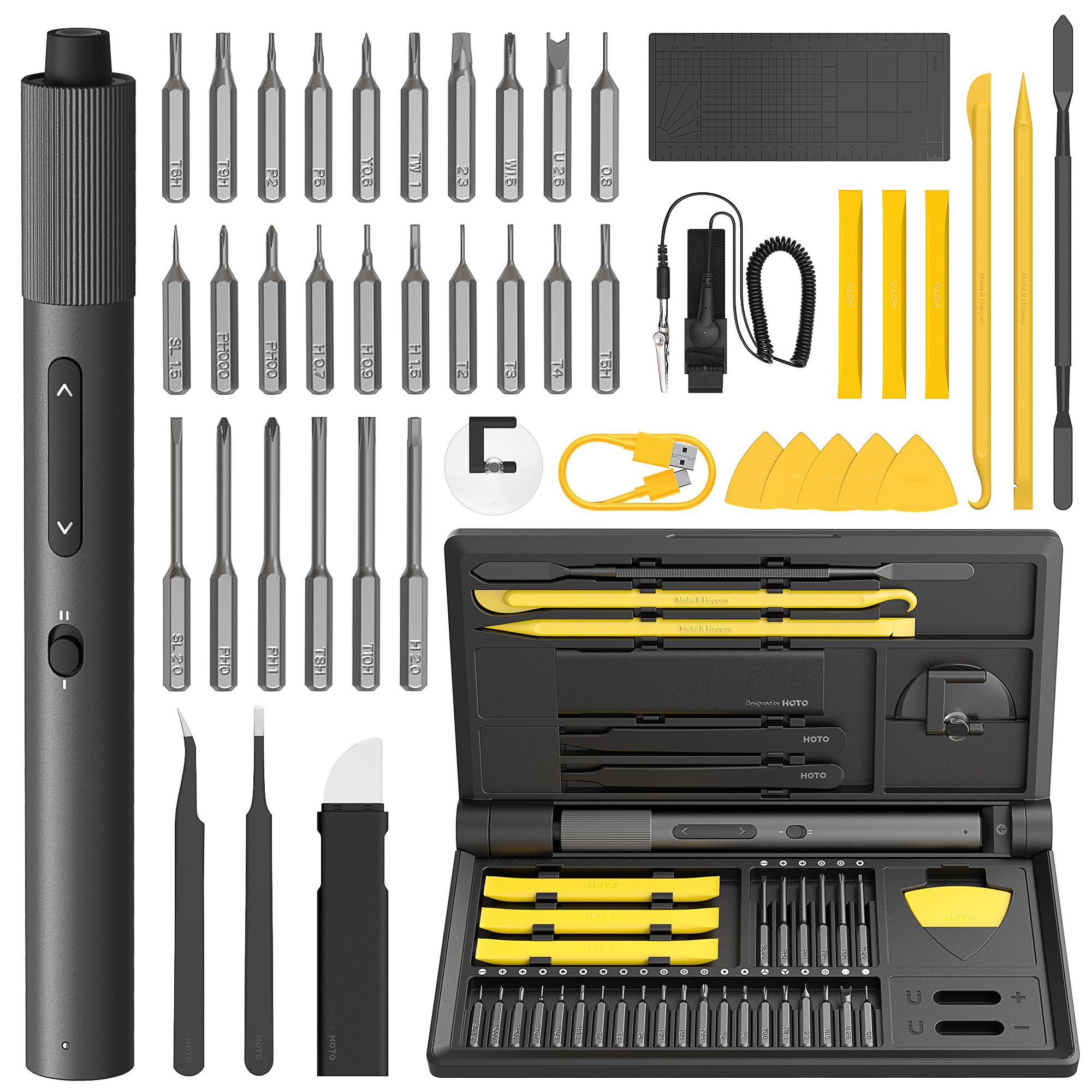 HOTO Electric Precision Screwdriver Set - 48 in 1 Magnetic Electronics Repair Kit with LED Light & Adjustable Torque | Perfect for Eyeglasses, Watches, Smartphones, Laptops, Cameras & DIY Projects | Compact Tool Kit for Home, Office & Professional Use