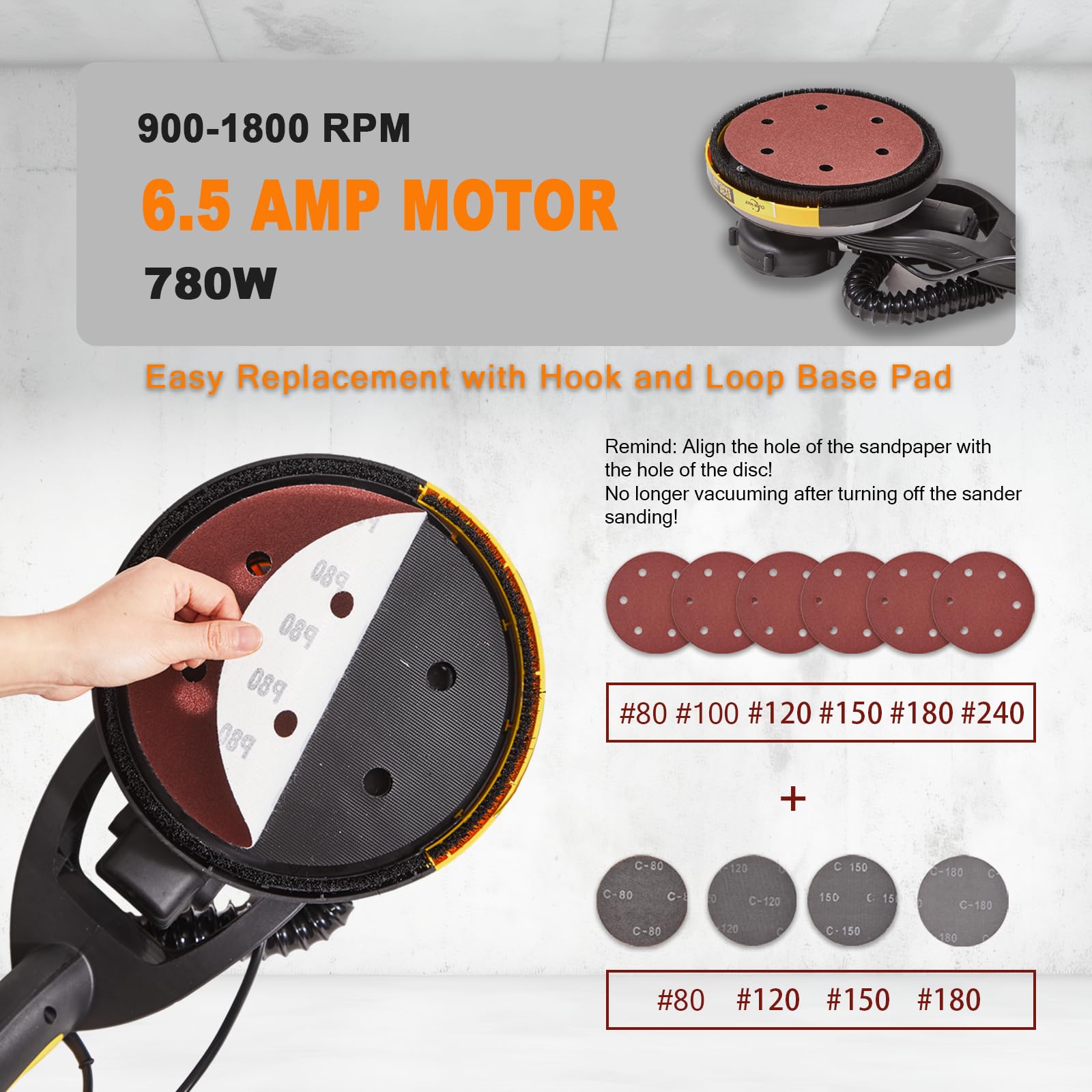 780W Drywall Sander with Vacuum Attachment - 6.5A Popcorn Ceiling Removal Tool with Auto Dust Absorption, 7 Variable Speeds & LED Light - Includes 10 Sanding Discs - Perfect for Wall Smoothing and Popcorn Ceiling Removal Projects