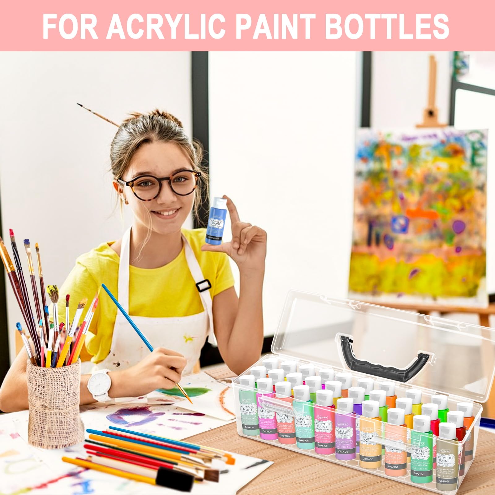 Vowcarol 30 Bottle Acrylic Paint Storage Box - Clear Craft Paint Organizer for 2 fl oz Apple Barrel Paints | Perfect for Artists, DIY Projects & Classroom Art Supplies