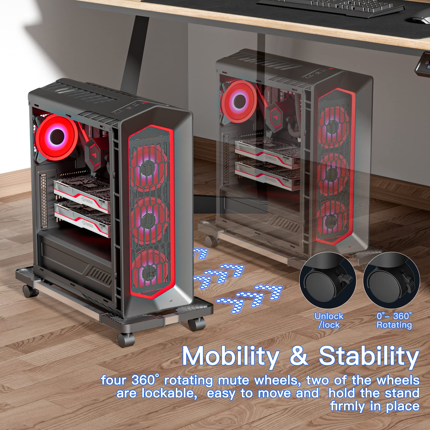 Adjustable Mobile CPU Stand with 4 Locking Caster Wheels - Universal PC Tower Holder for Gaming & Office Desktops | Rolling Computer Cart for Workspace Organization & Easy Mobility (Black)