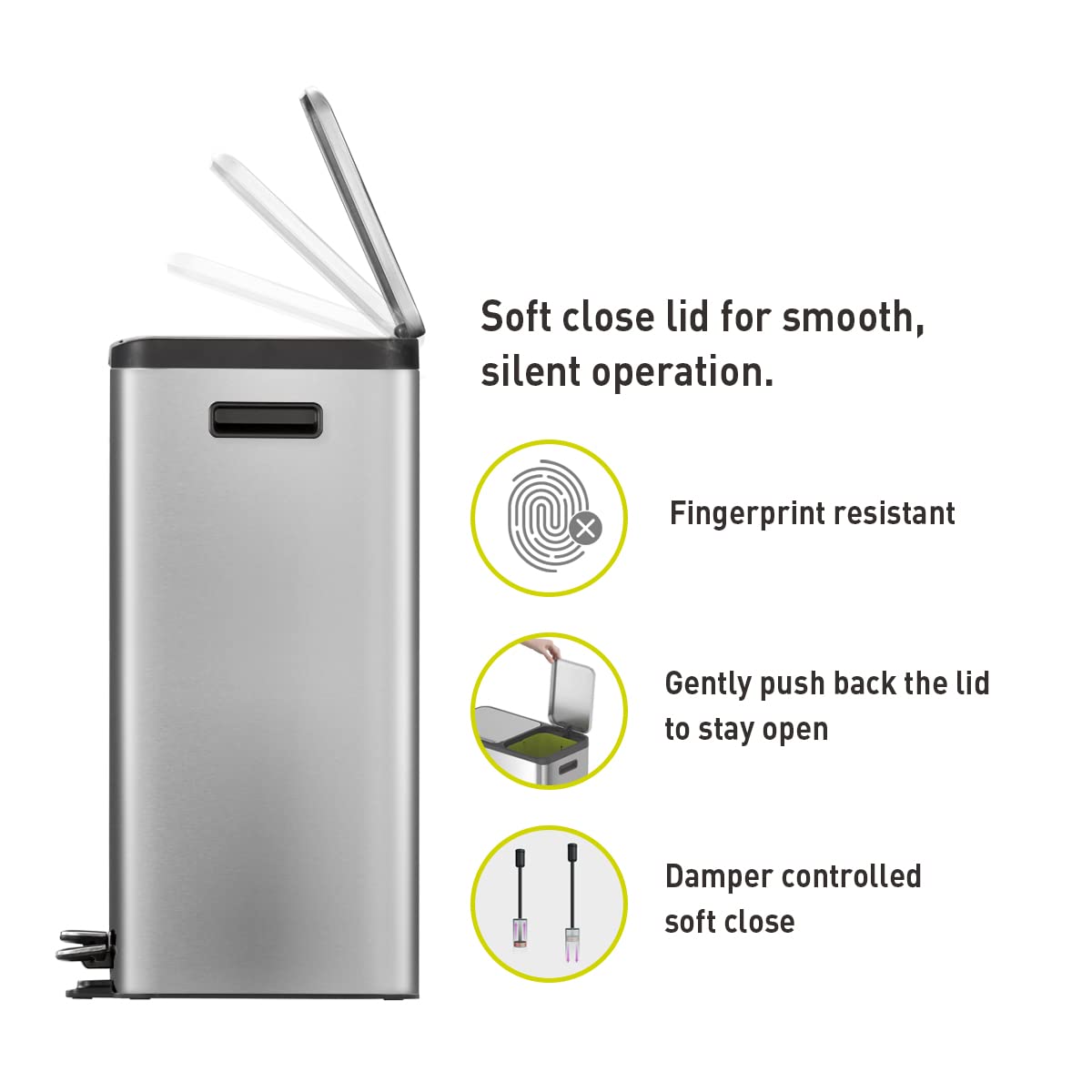 EKO EcoCasa 30L+20L Stainless Steel Dual Compartment Recycling Trash Can - Rectangular Kitchen Waste Bin with Independent Pedals & Soft-Close Lids, Fingerprint Resistant - Perfect for Eco-Friendly Homes, Office Break Rooms & Restaurant Kitchens