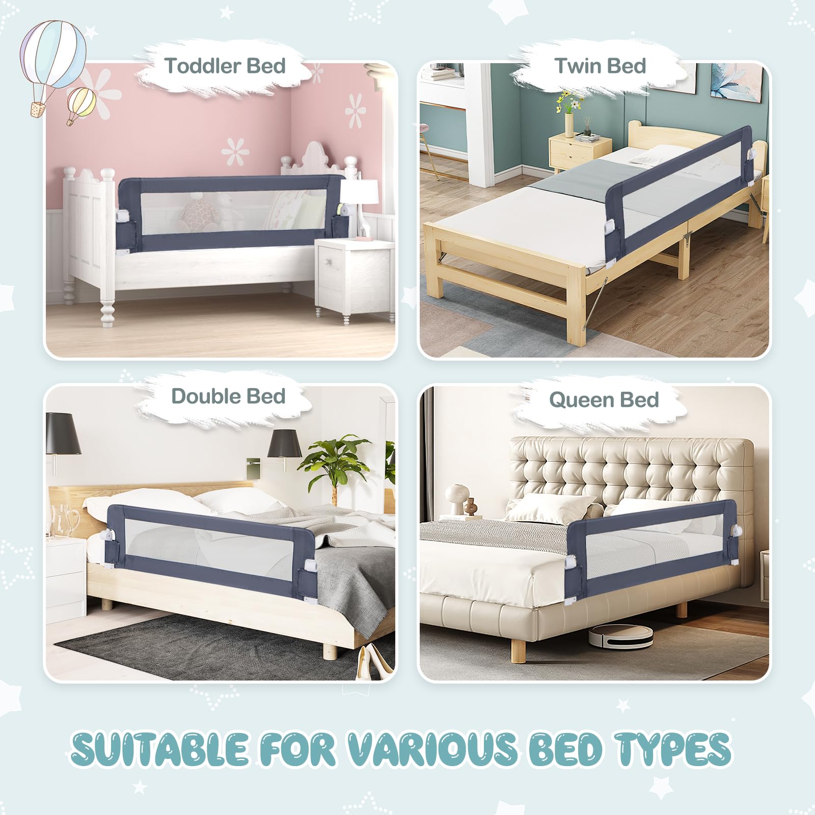 BABY JOY 2-Pack Extra Long Double Sided Swing Down Bed Rail Guard - Folding Safety Bedrail for Convertible Crib & Toddler Beds (Twin/Full/Queen/King Mattress, Dark Gray, 60