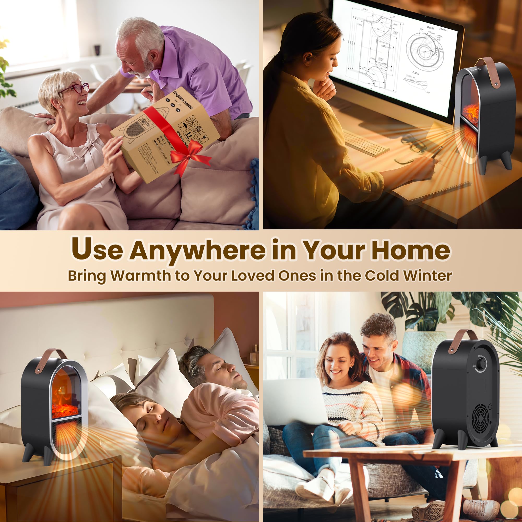 1500W/750W Portable Electric Space Heater with 3D Flame - Ceramic Indoor Heater with Thermostat, Overheat & Tip-Over Protection - Perfect for Home, Office, Bedroom, or Desk Use - Black