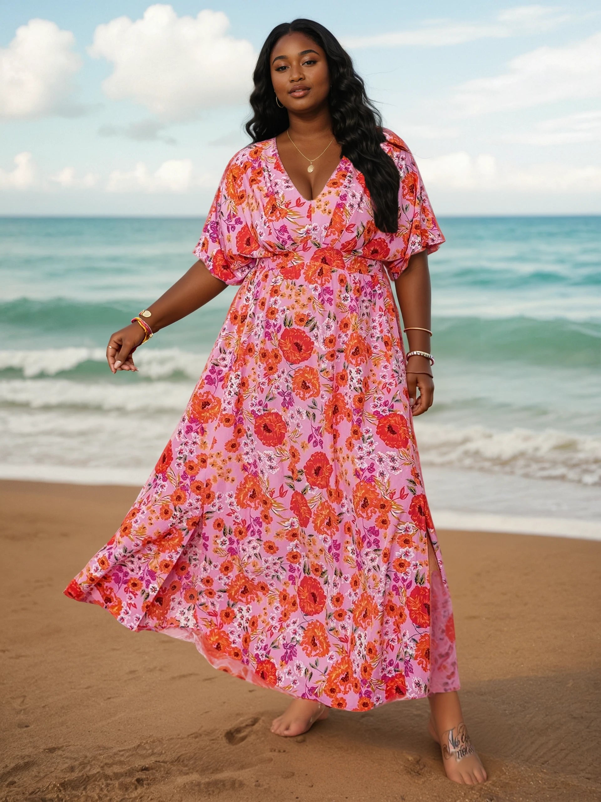 **Plus Size Slit Half Sleeve Maxi Dress for Women – Elegant Flowy Long Dress for Casual, Beach & Evening Wear**