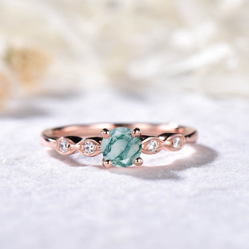 Natural Moss Agate Ring for Women - Rose Gold Diamond Wedding Band, Bridal Jewelry, Engagement Ring - Perfect for Weddings, Anniversaries & Special Occasions